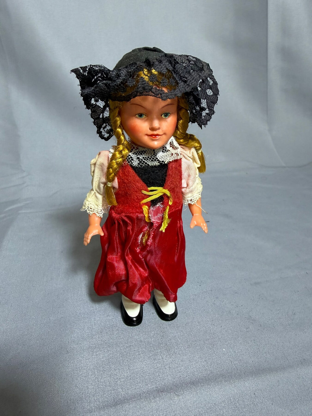 Vintage Folk Costume Doll with Braids & Lace Hat - 6.25 Inches photo 1