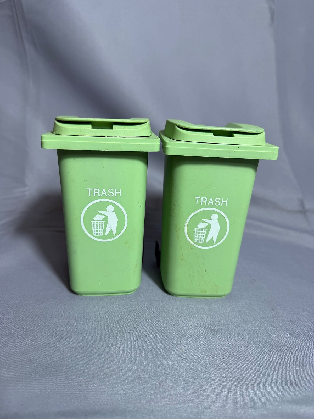 Set of 2 Miniature Green Plastic Trash Cans with Wheels photo 1