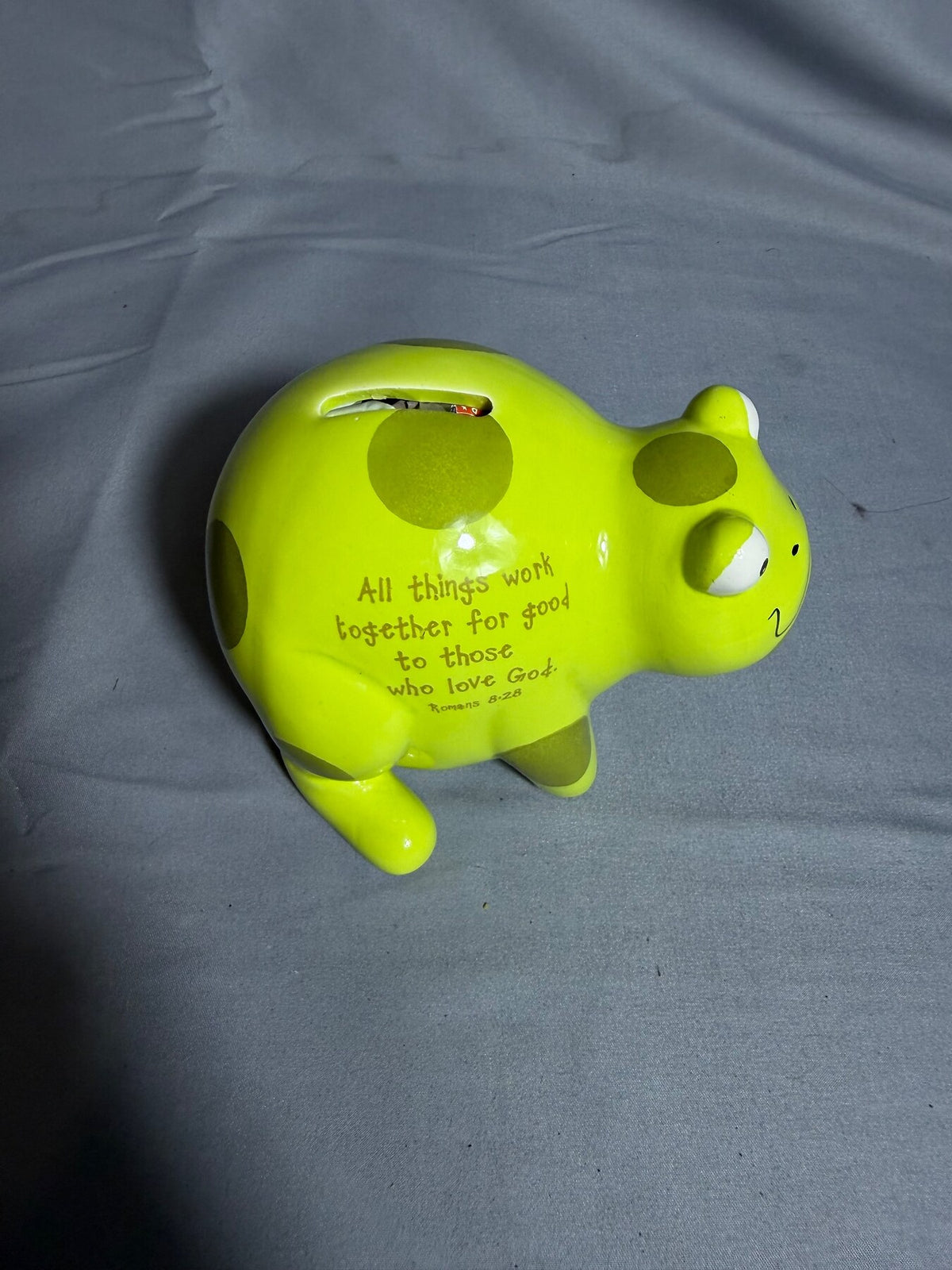 Lime Green Ceramic Piggy Bank with Romans 8:28 Quote photo 1