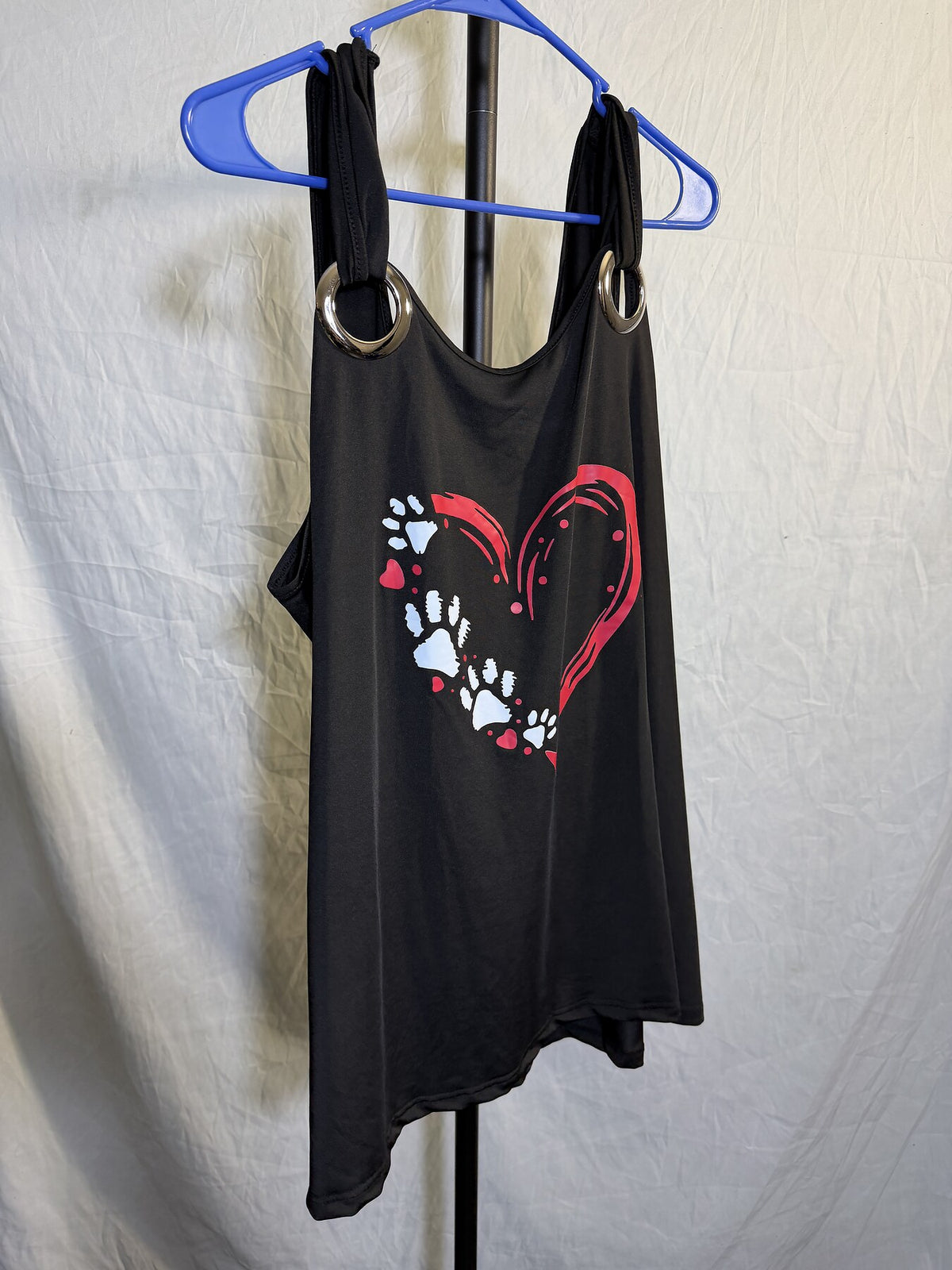 Women's Black Paw Print Heart O-Ring Strap Tank Top Tunic - Wormhole Thrift