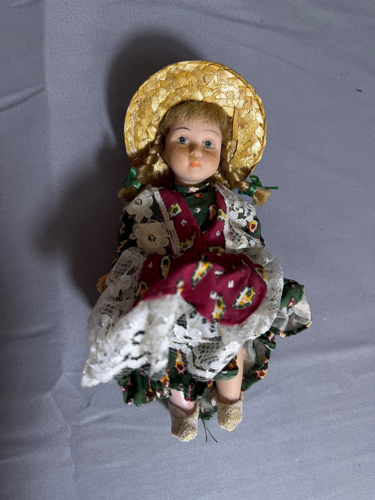 Vintage Porcelain Bisque Doll with Straw Hat & Green Dress - 6.5 Inches photo 1
