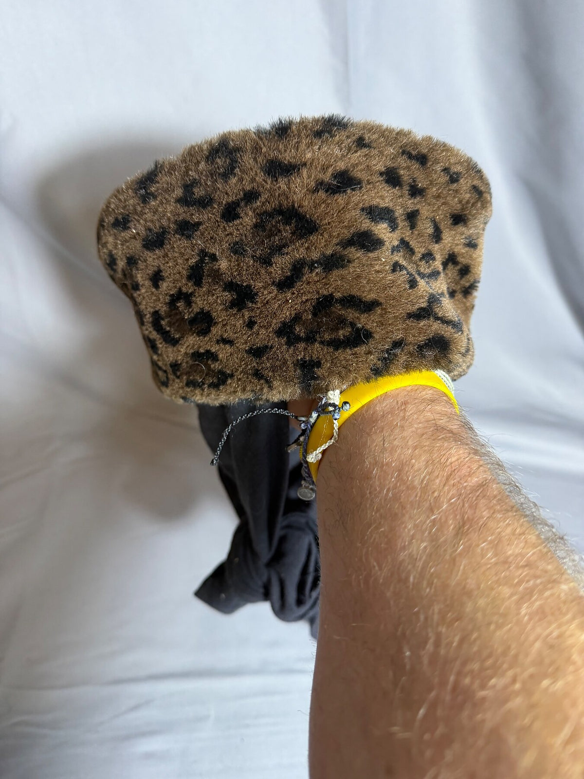 Leopard Print Faux Fur Beret Cap with Ties photo 1