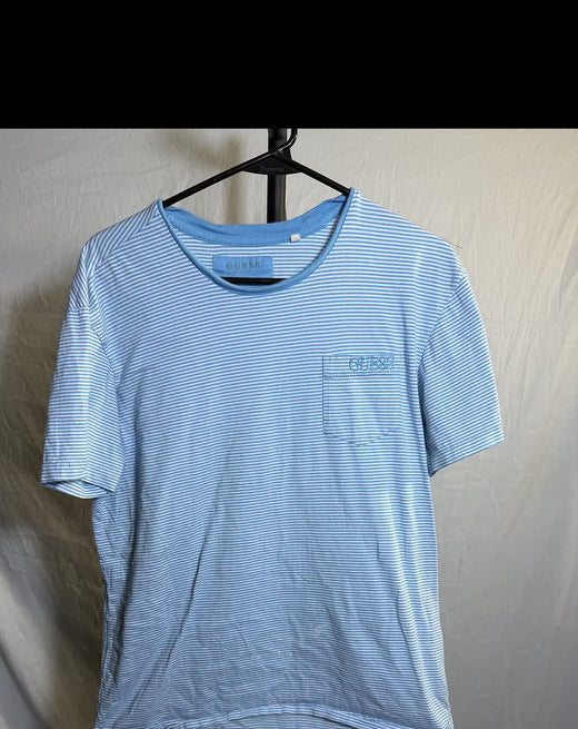 GUESS Men's Blue & White Striped Pocket T-Shirt Size L - Wormhole Thrift
