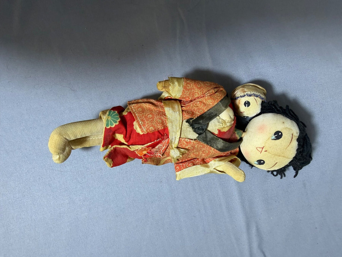 Vintage Japanese Fabric Doll with Baby on Back Kimono Style photo 1