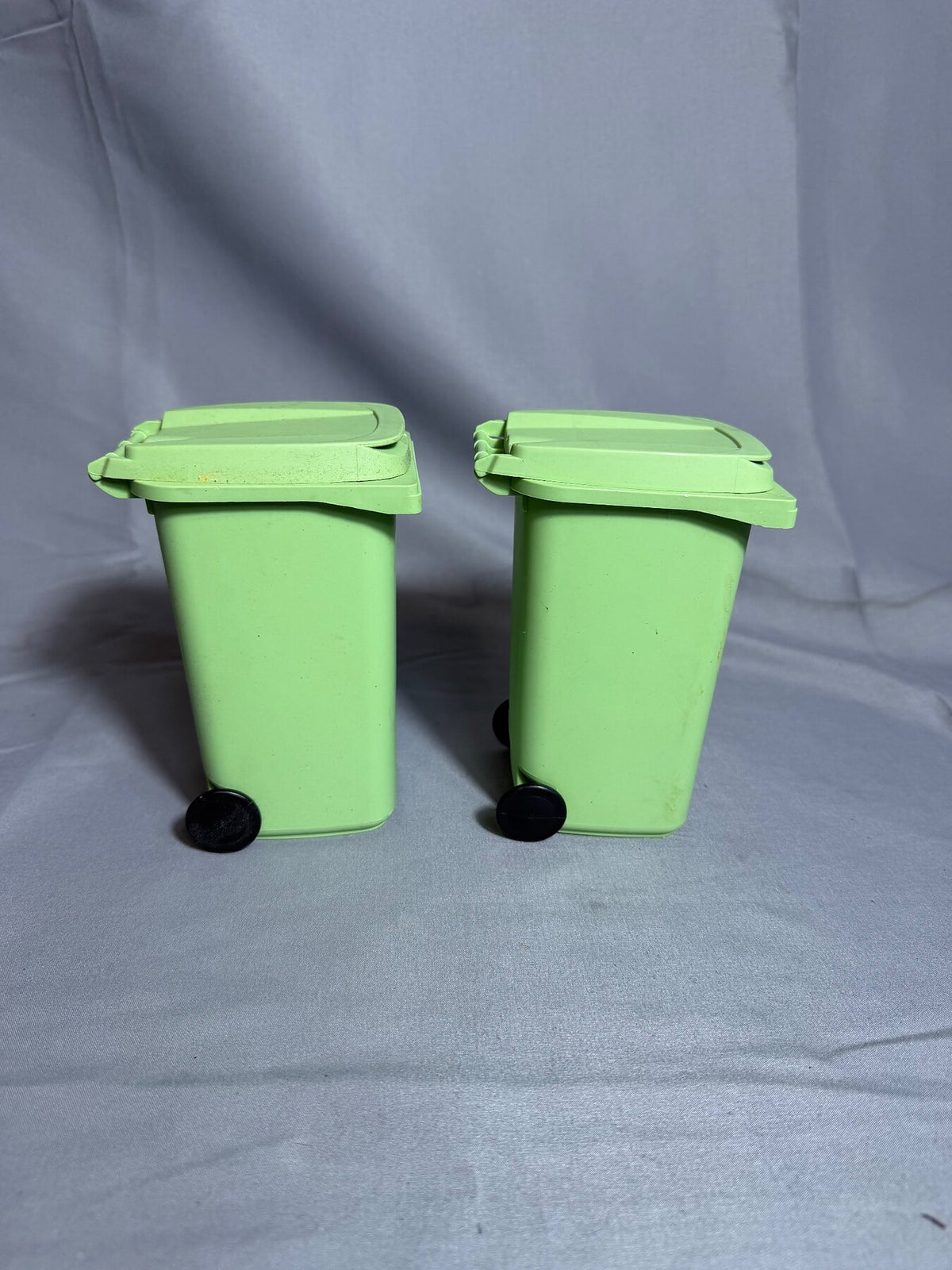 Set of 2 Miniature Green Plastic Trash Cans with Wheels photo 2