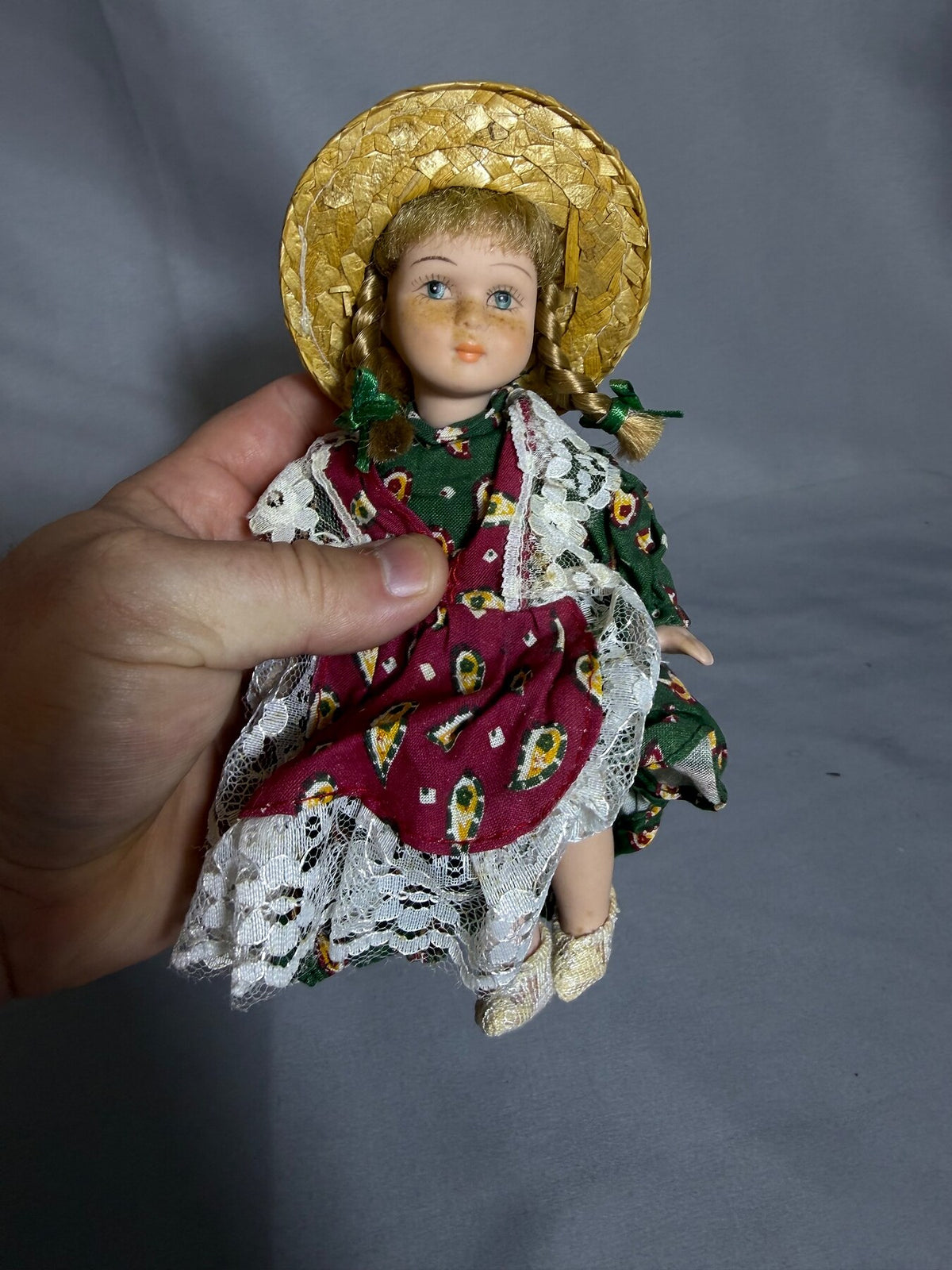 Vintage Porcelain Bisque Doll with Straw Hat & Green Dress - 6.5 Inches photo 2