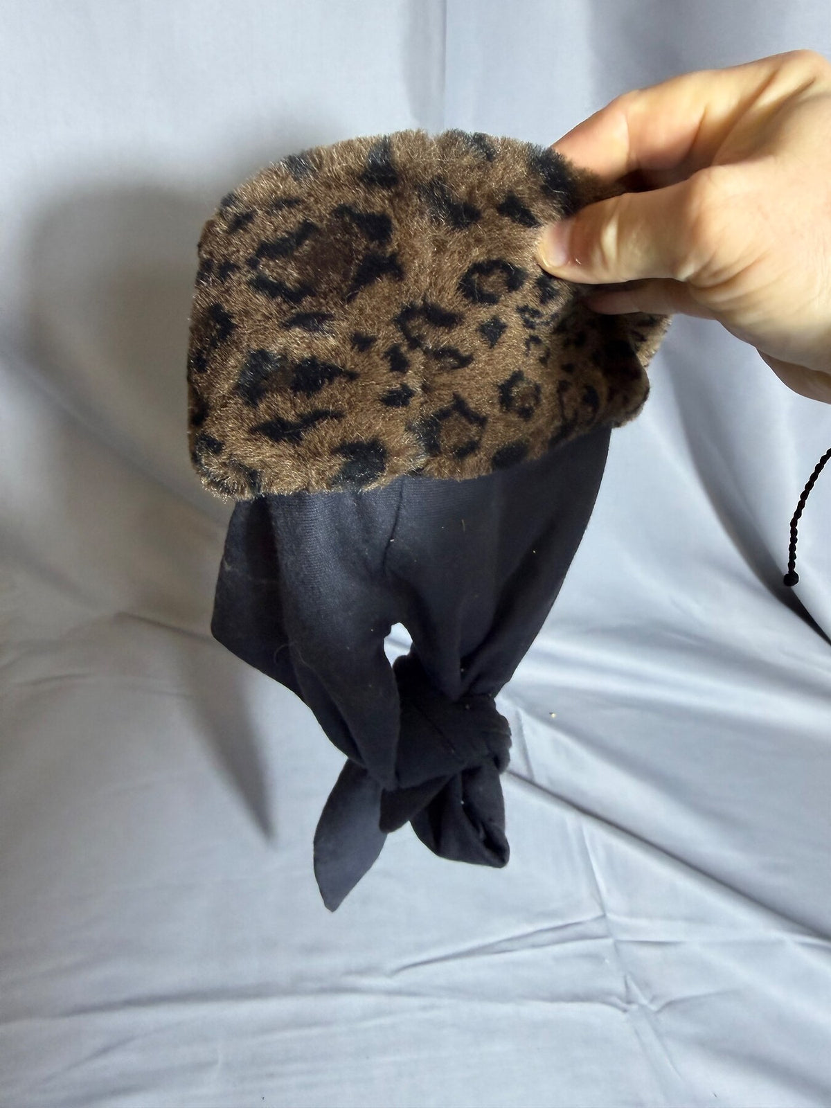 Leopard Print Faux Fur Beret Cap with Ties photo 2