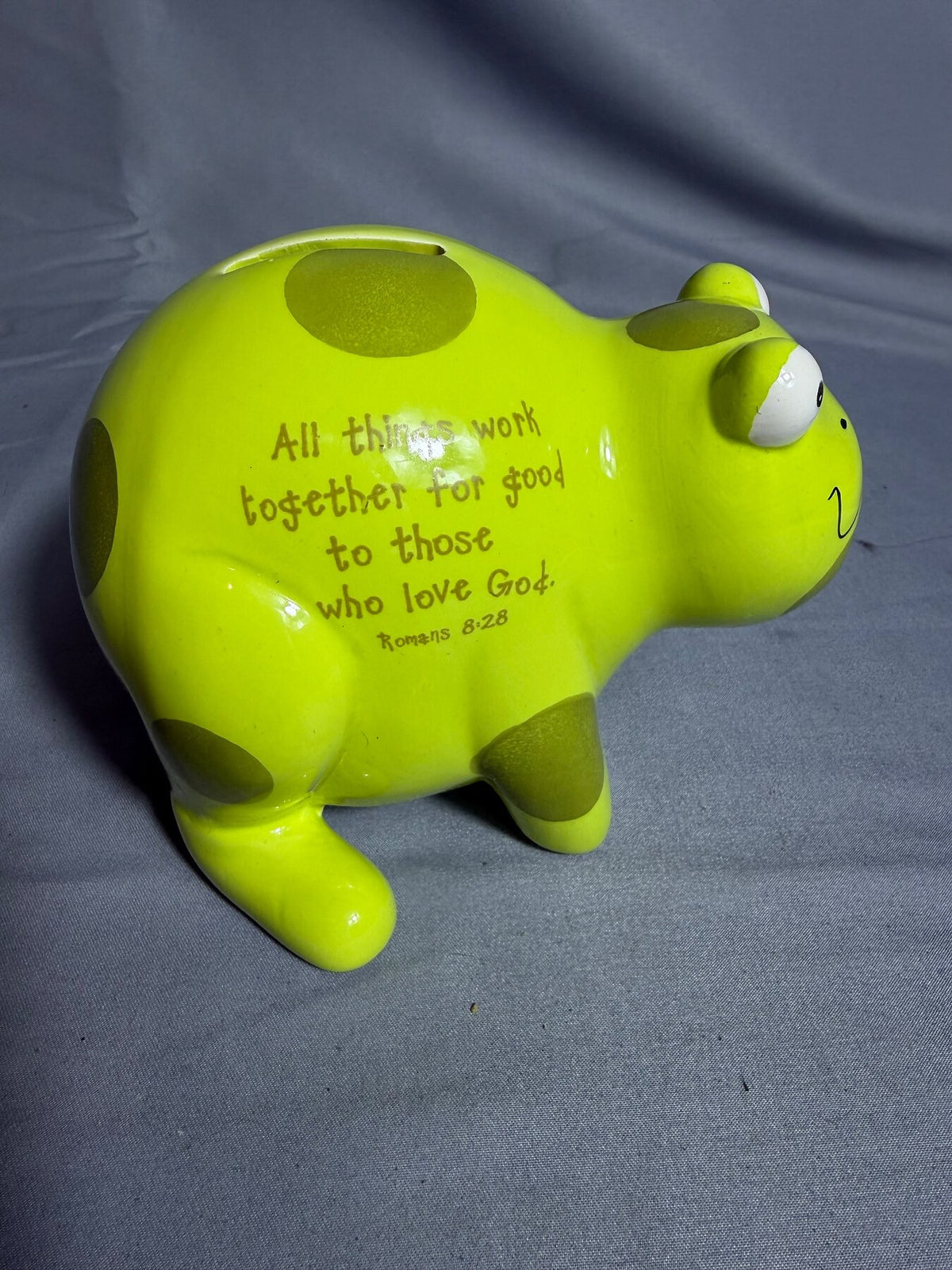 Lime Green Ceramic Piggy Bank with Romans 8:28 Quote photo 2