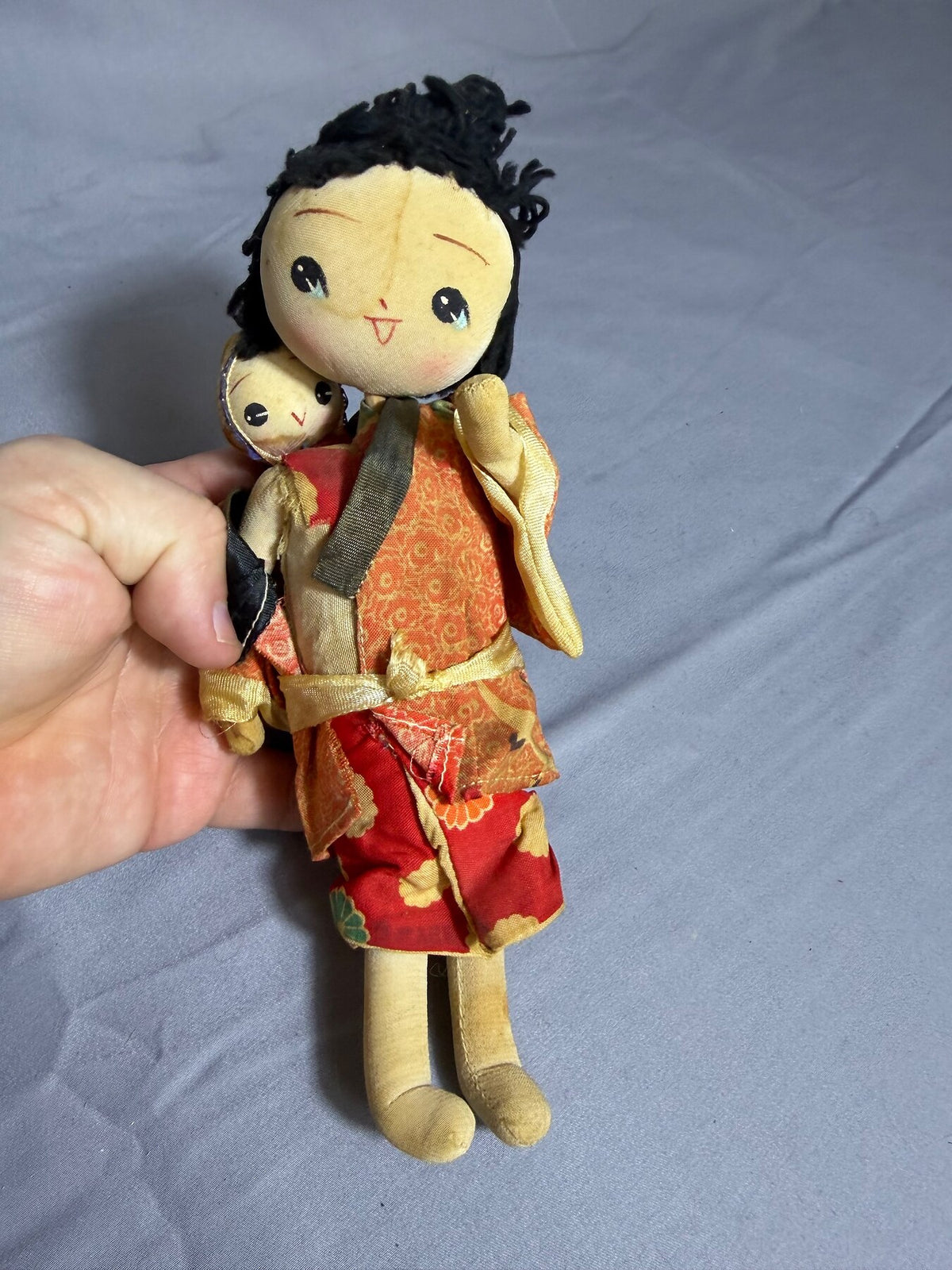 Vintage Japanese Fabric Doll with Baby on Back Kimono Style photo 2