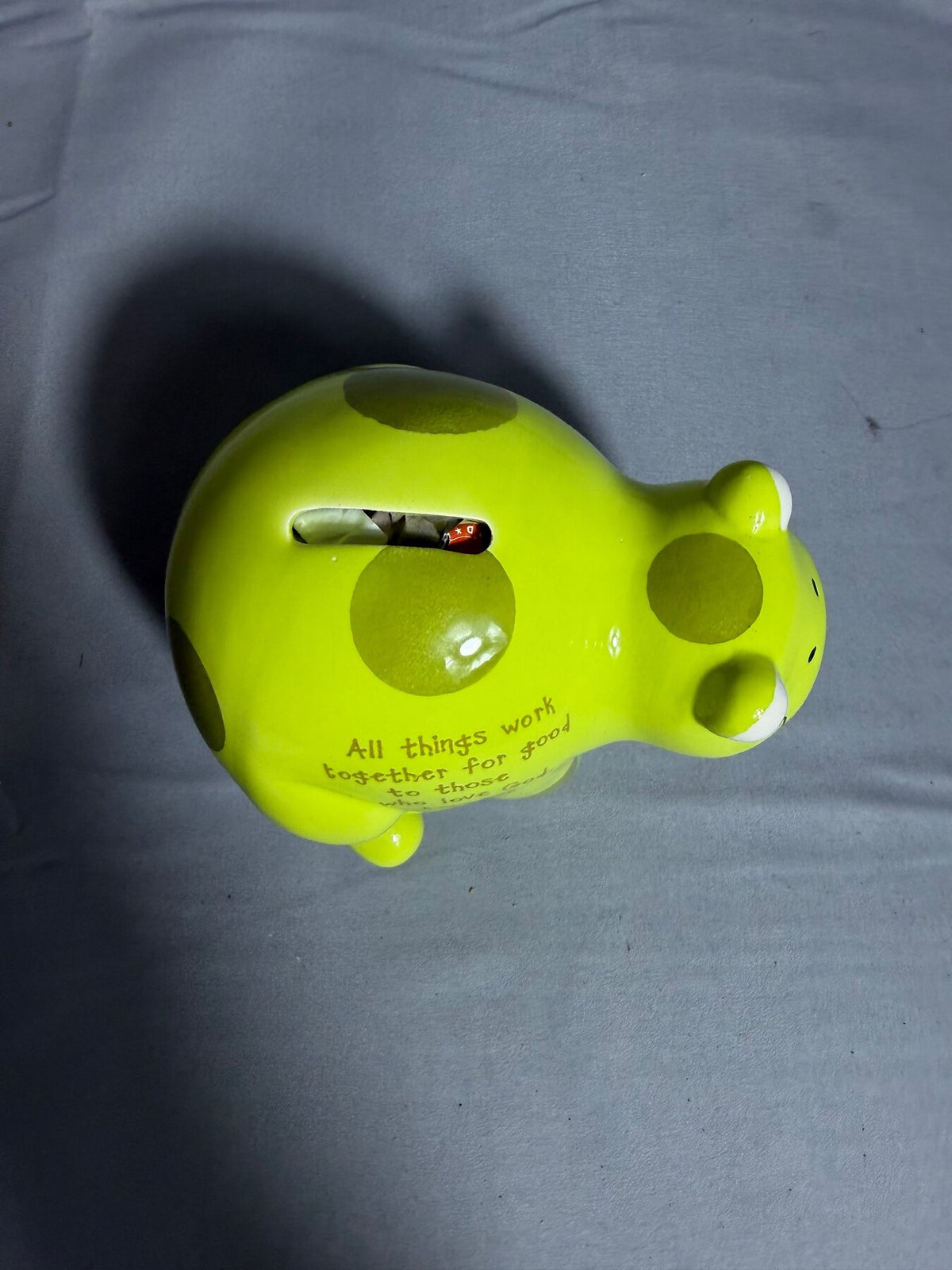 Lime Green Ceramic Piggy Bank with Romans 8:28 Quote photo 3