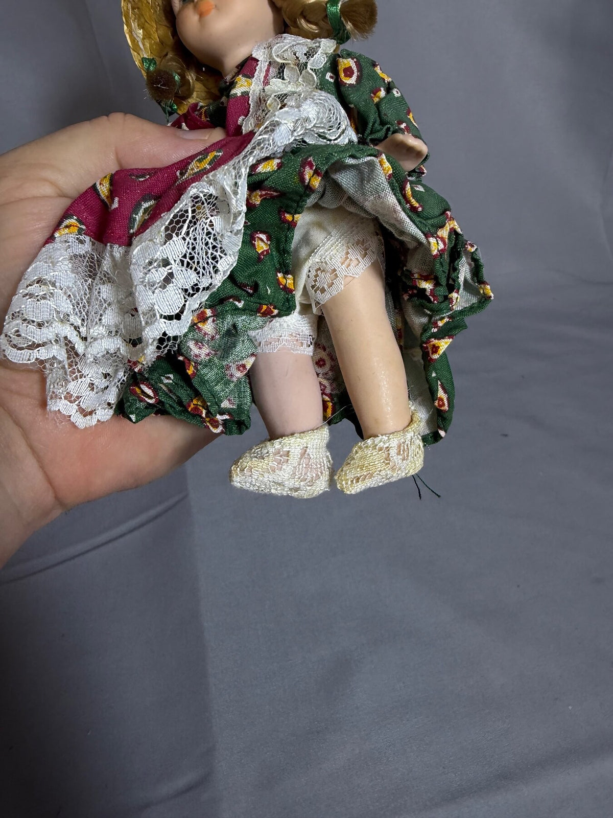 Vintage Porcelain Bisque Doll with Straw Hat & Green Dress - 6.5 Inches photo 3