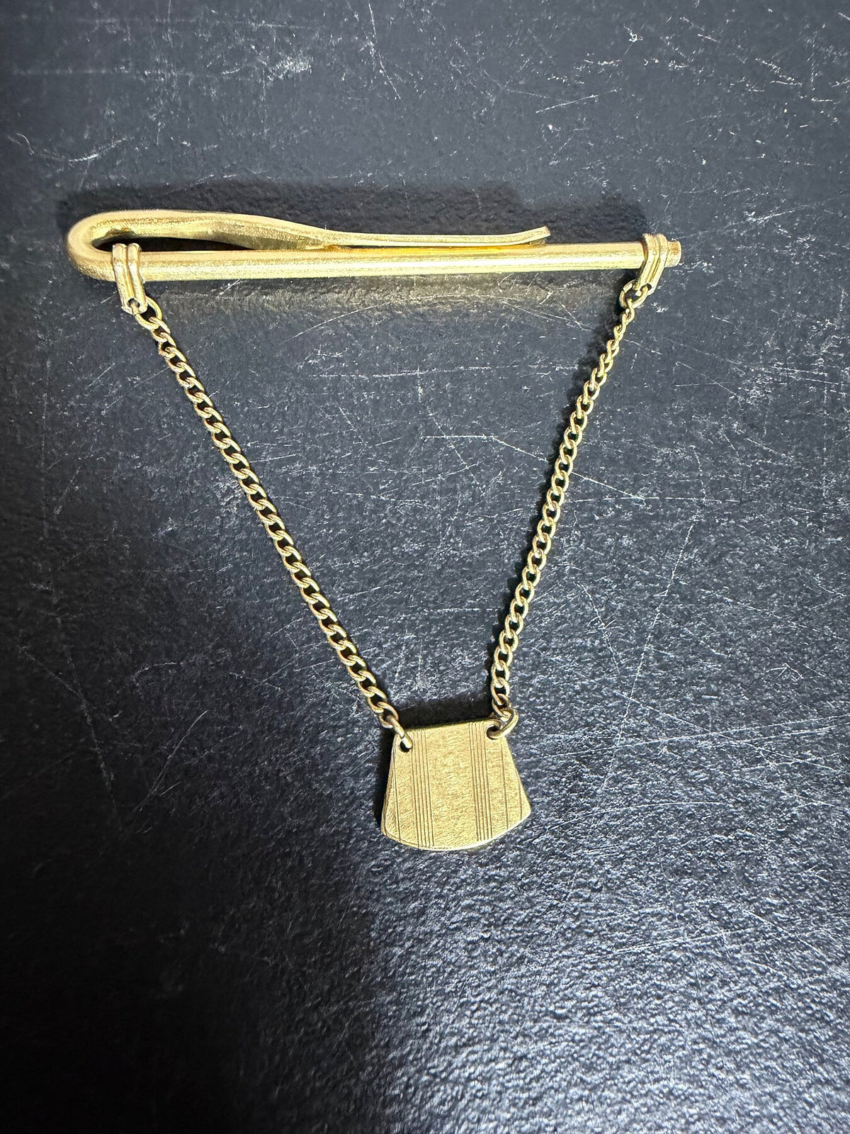 Vintage Swank Gold Tone Tie Bar Clip with Chain and Shield Charm photo 4