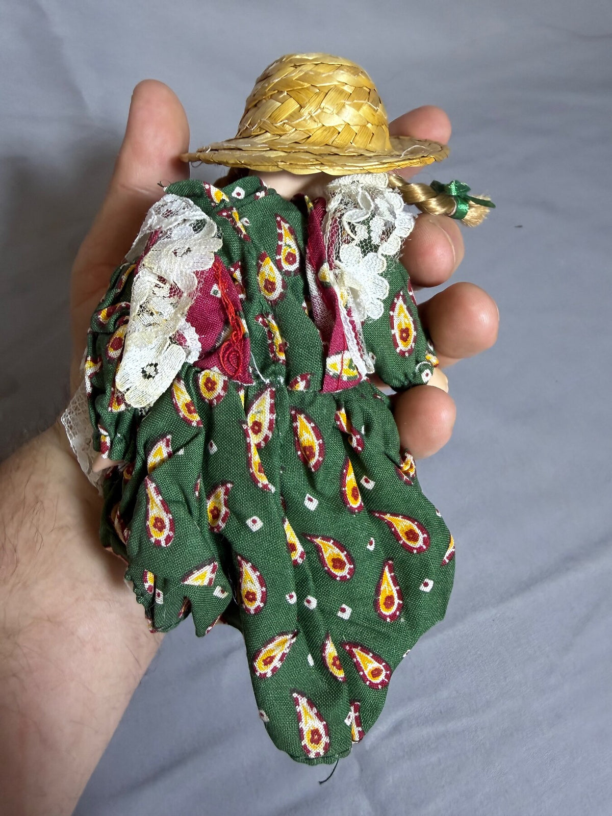 Vintage Porcelain Bisque Doll with Straw Hat & Green Dress - 6.5 Inches photo 4