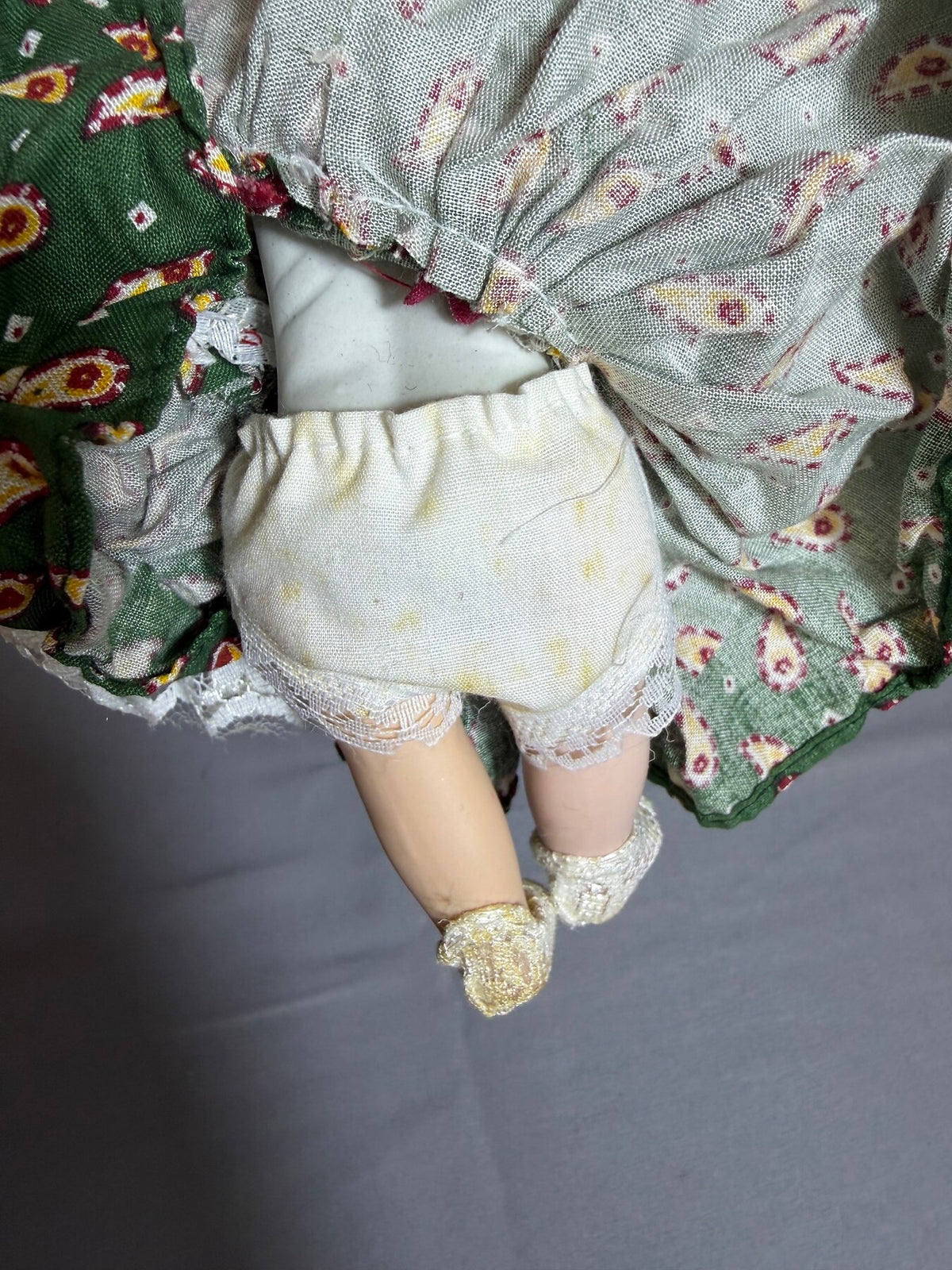 Vintage Porcelain Bisque Doll with Straw Hat & Green Dress - 6.5 Inches photo 5