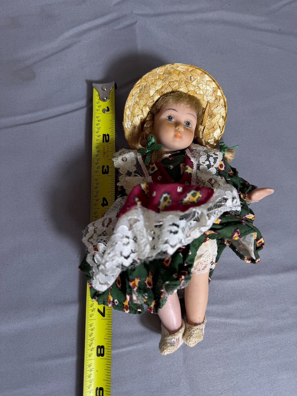 Vintage Porcelain Bisque Doll with Straw Hat & Green Dress - 6.5 Inches photo 7