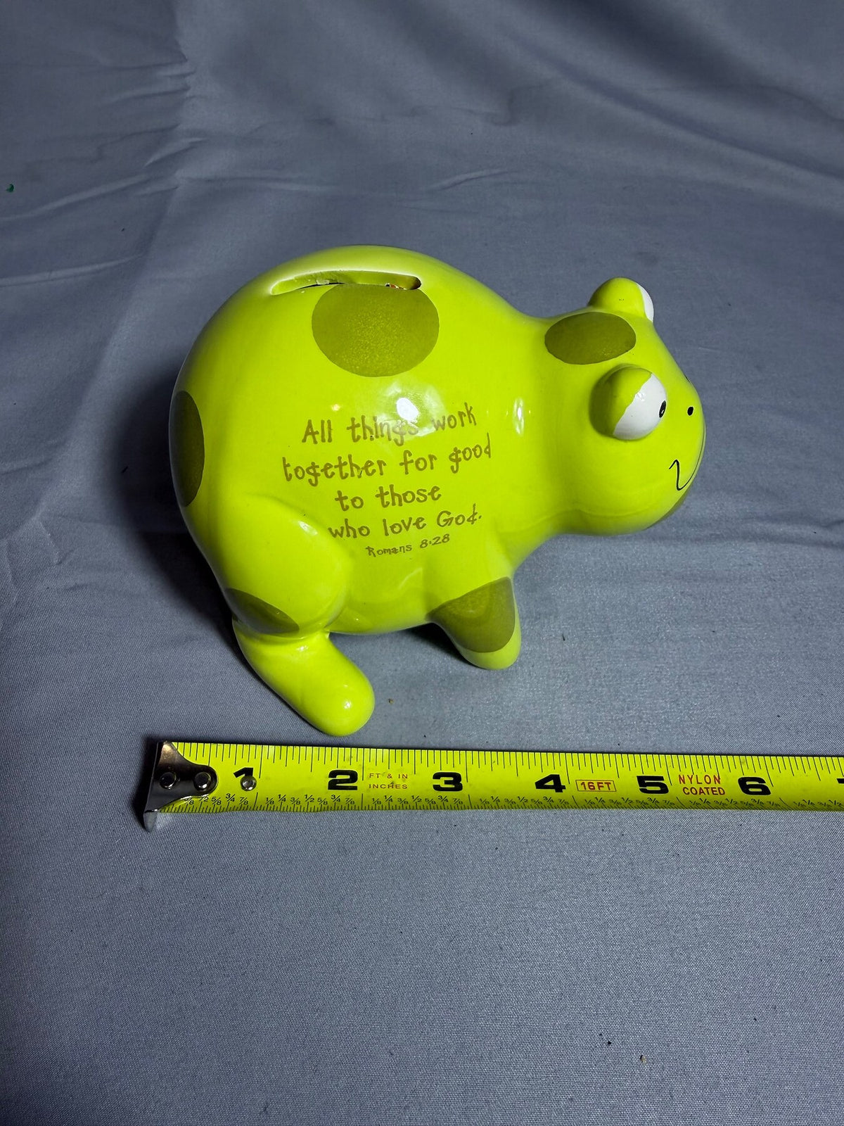 Lime Green Ceramic Piggy Bank with Romans 8:28 Quote photo 8