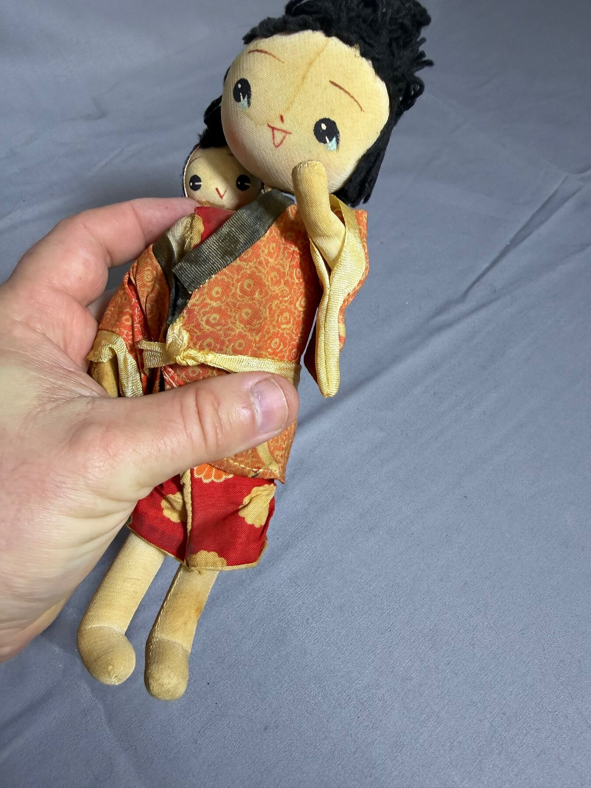 Vintage Japanese Fabric Doll with Baby on Back Kimono Style photo 8