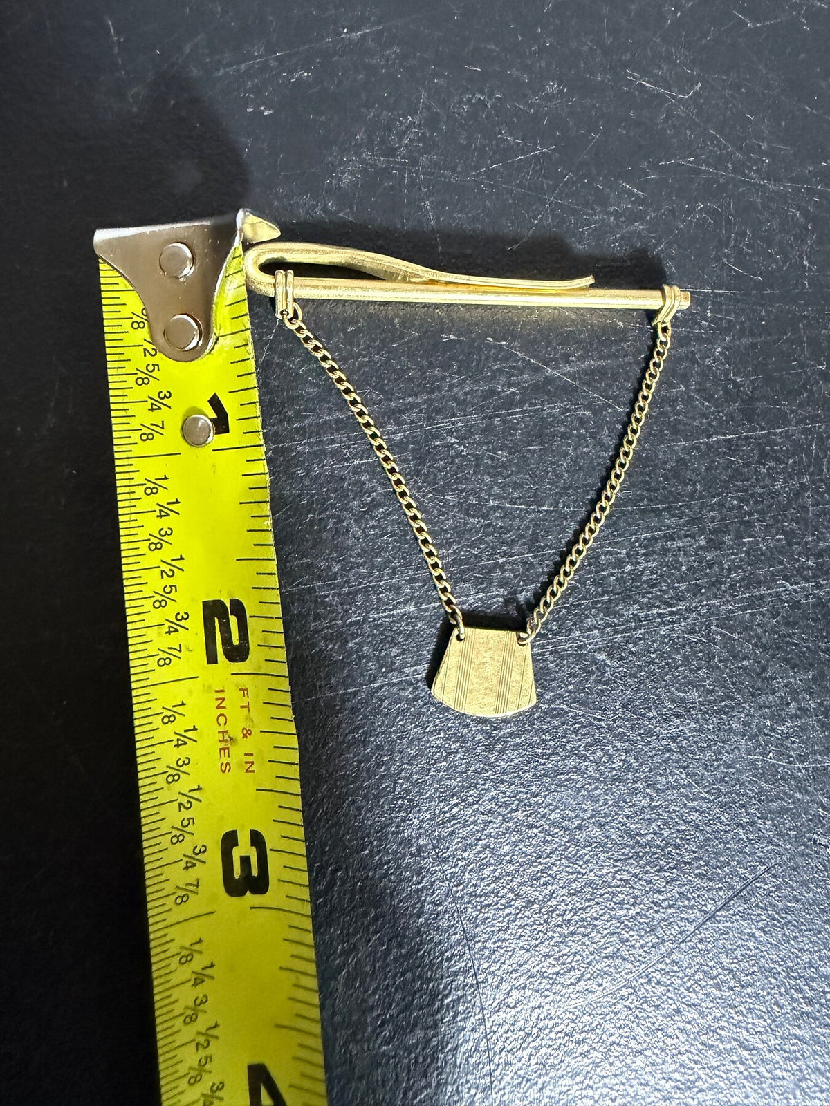Vintage Swank Gold Tone Tie Bar Clip with Chain and Shield Charm photo 8