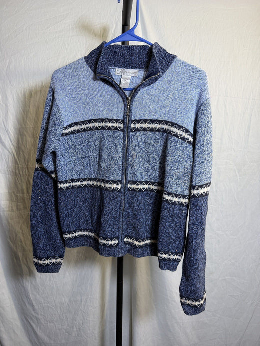Vintage Dressbarn Blue Striped Ramie Cotton Full Zip Cardigan Sweater Size S - Wormhole Thrift