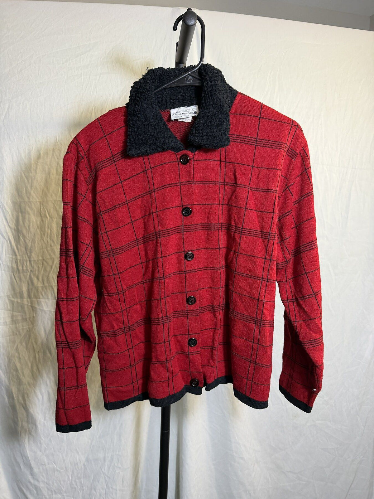 Vintage Prosperity Red Plaid Fuzzy Collar Button-Front Cardigan Jacket - Wormhole Thrift