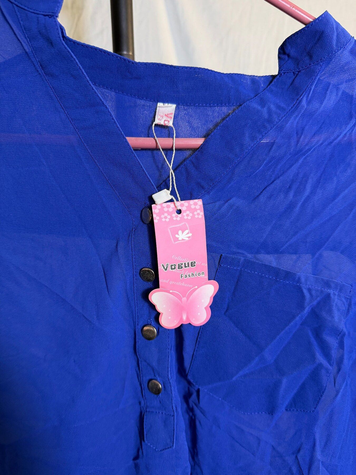 Vogue Fashion Royal Blue Sheer Mandarin Collar Blouse Top - Wormhole Thrift