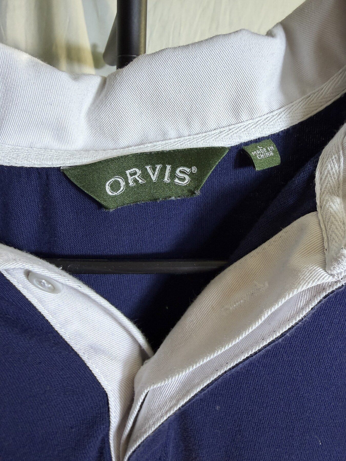 Vintage Orvis Men's Navy Blue & Yellow Striped Long Sleeve Rugby Shirt - Wormhole Thrift