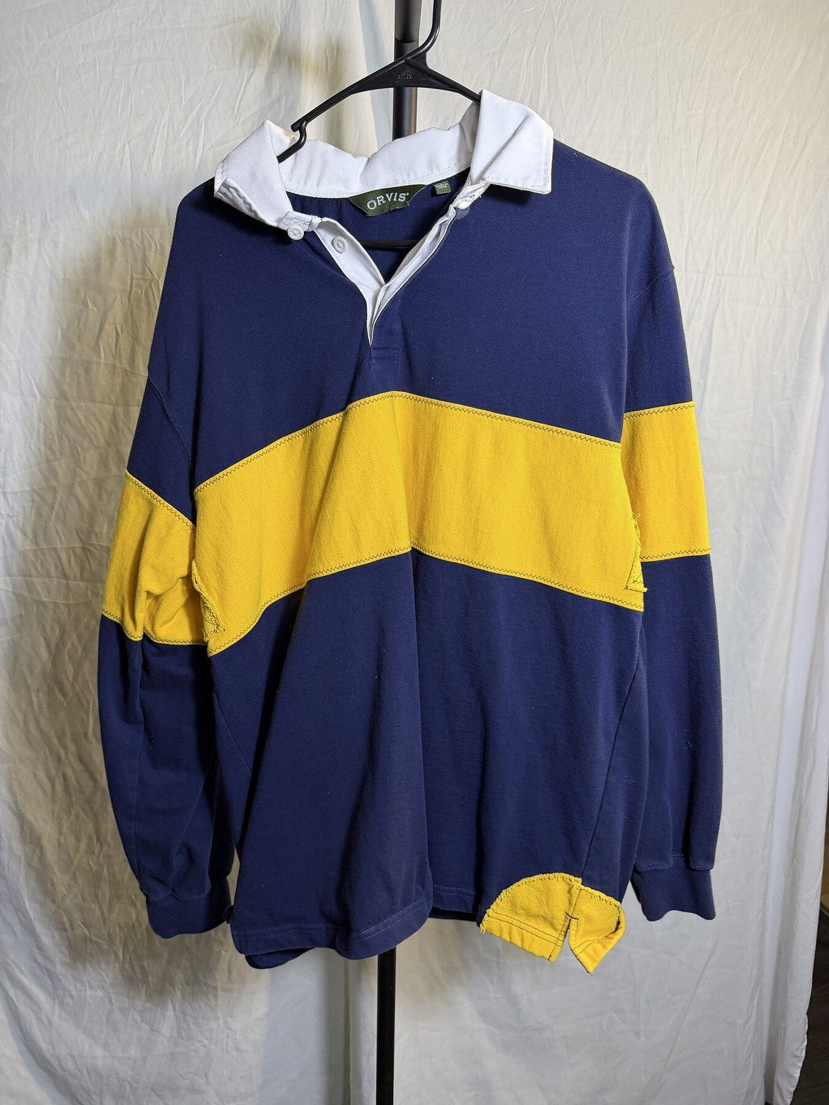 Vintage Orvis Men's Navy Blue & Yellow Striped Long Sleeve Rugby Shirt - Wormhole Thrift
