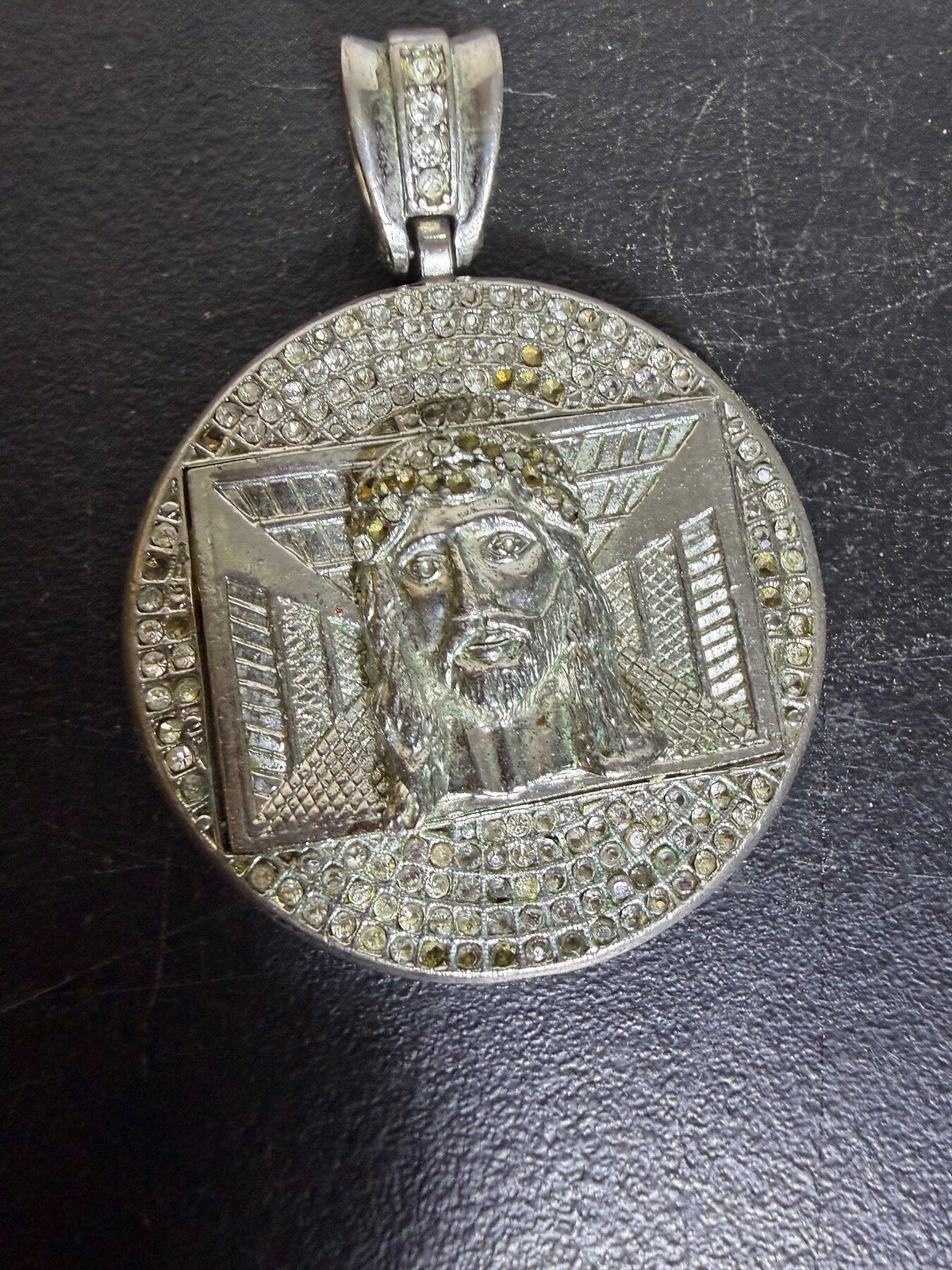 Vintage Large Silver Tone Jesus Piece Rhinestone Pendant - Wormhole Thrift