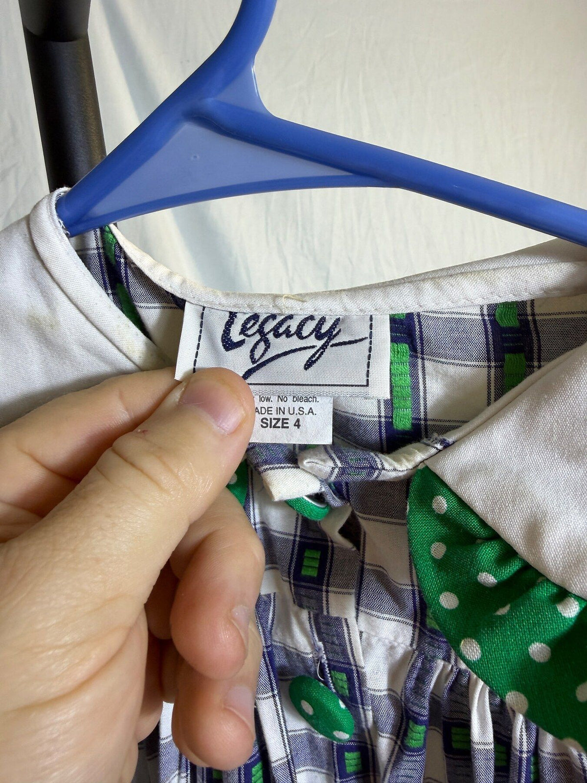 Vintage Legacy Girls Size 4 Plaid Dress Green Polka Dot Ruffle Collar - Wormhole Thrift