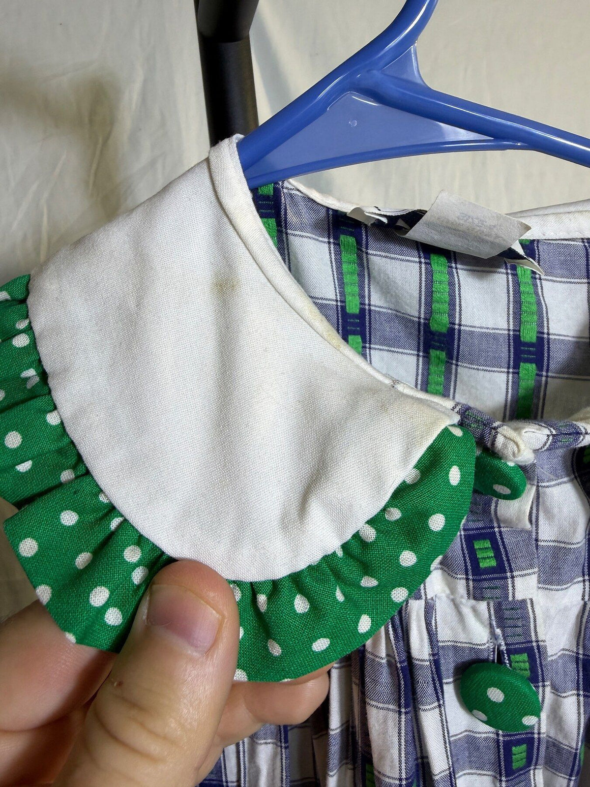 Vintage Legacy Girls Size 4 Plaid Dress Green Polka Dot Ruffle Collar - Wormhole Thrift