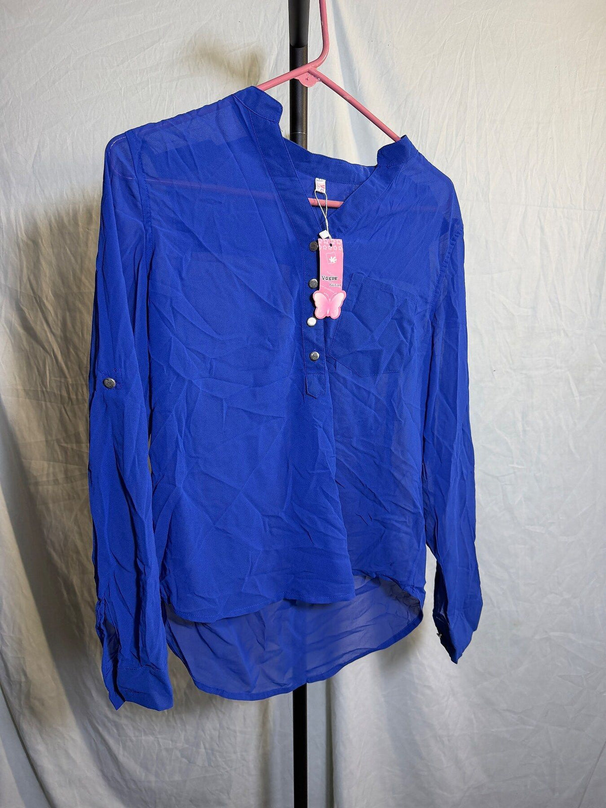 Vogue Fashion Royal Blue Sheer Mandarin Collar Blouse Top - Wormhole Thrift
