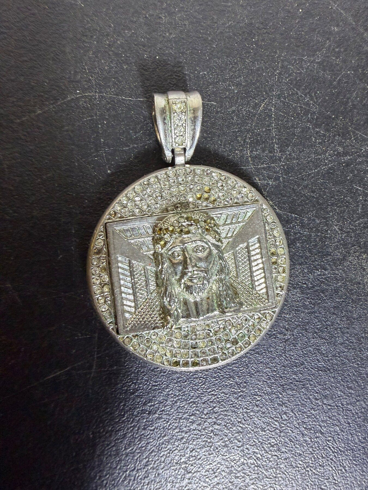 Vintage Large Silver Tone Jesus Piece Rhinestone Pendant - Wormhole Thrift