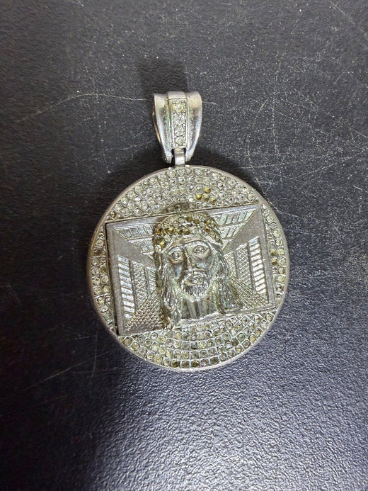 Vintage Large Silver Tone Jesus Piece Rhinestone Pendant - Wormhole Thrift
