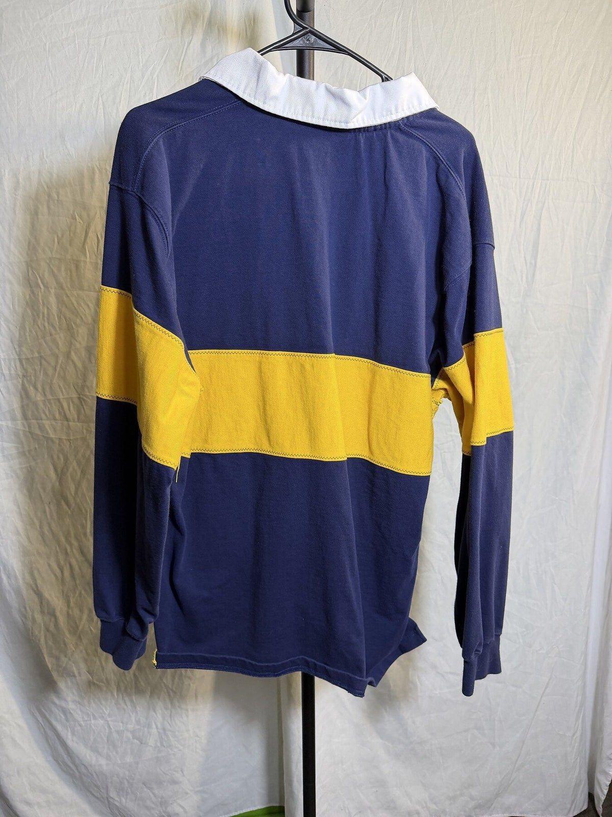 Vintage Orvis Men's Navy Blue & Yellow Striped Long Sleeve Rugby Shirt - Wormhole Thrift