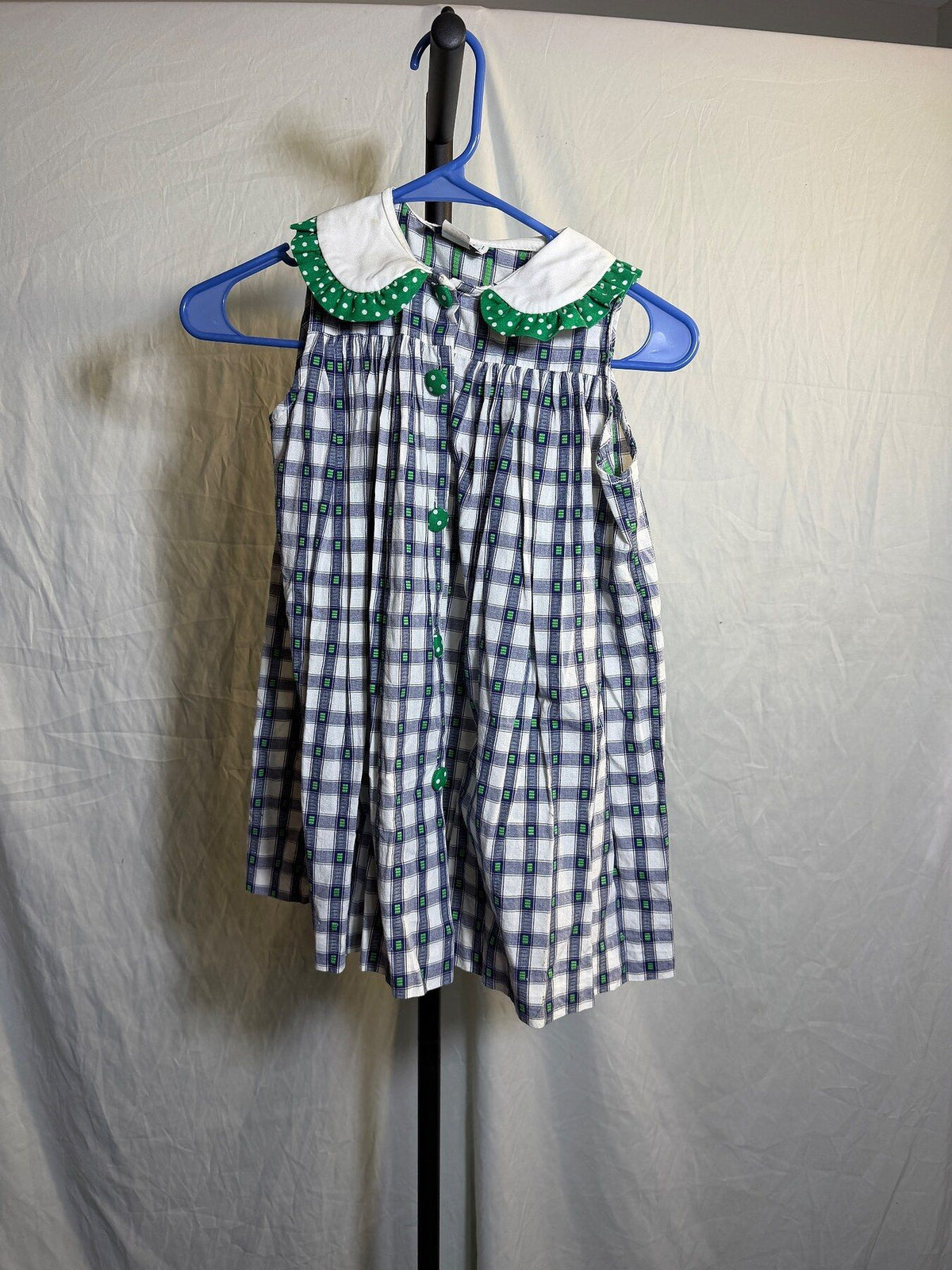 Vintage Legacy Girls Size 4 Plaid Dress Green Polka Dot Ruffle Collar - Wormhole Thrift