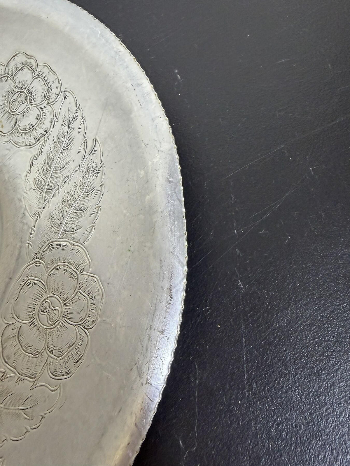 Vintage Etched Aluminum Shallow Bowl / Dish with Floral & Leaf Design - Wormhole Thrift