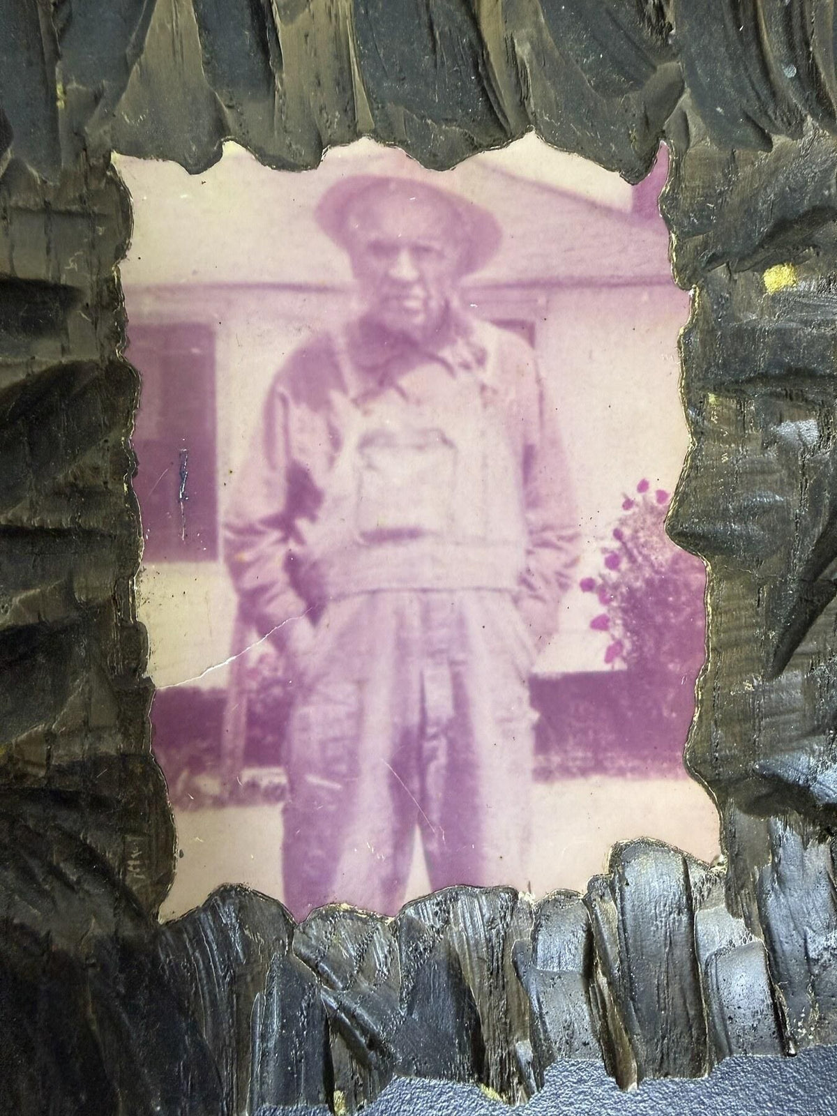 Vintage Framed Portrait Photo Man in Hat Carved Wood Look Frame - Wormhole Thrift
