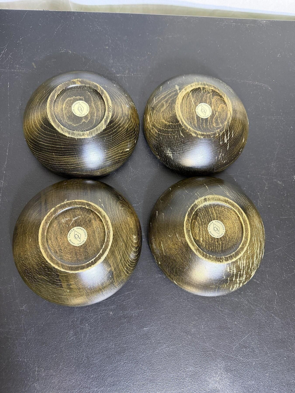Lot of 4 Hand Carved Hardwood Bowls from Japan - Dark Wood Tone - Wormhole Thrift