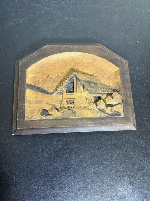 Carved Wood Chalet Mountain Wall Plaque Signed RAWAL / Grenoble - Wormhole Thrift
