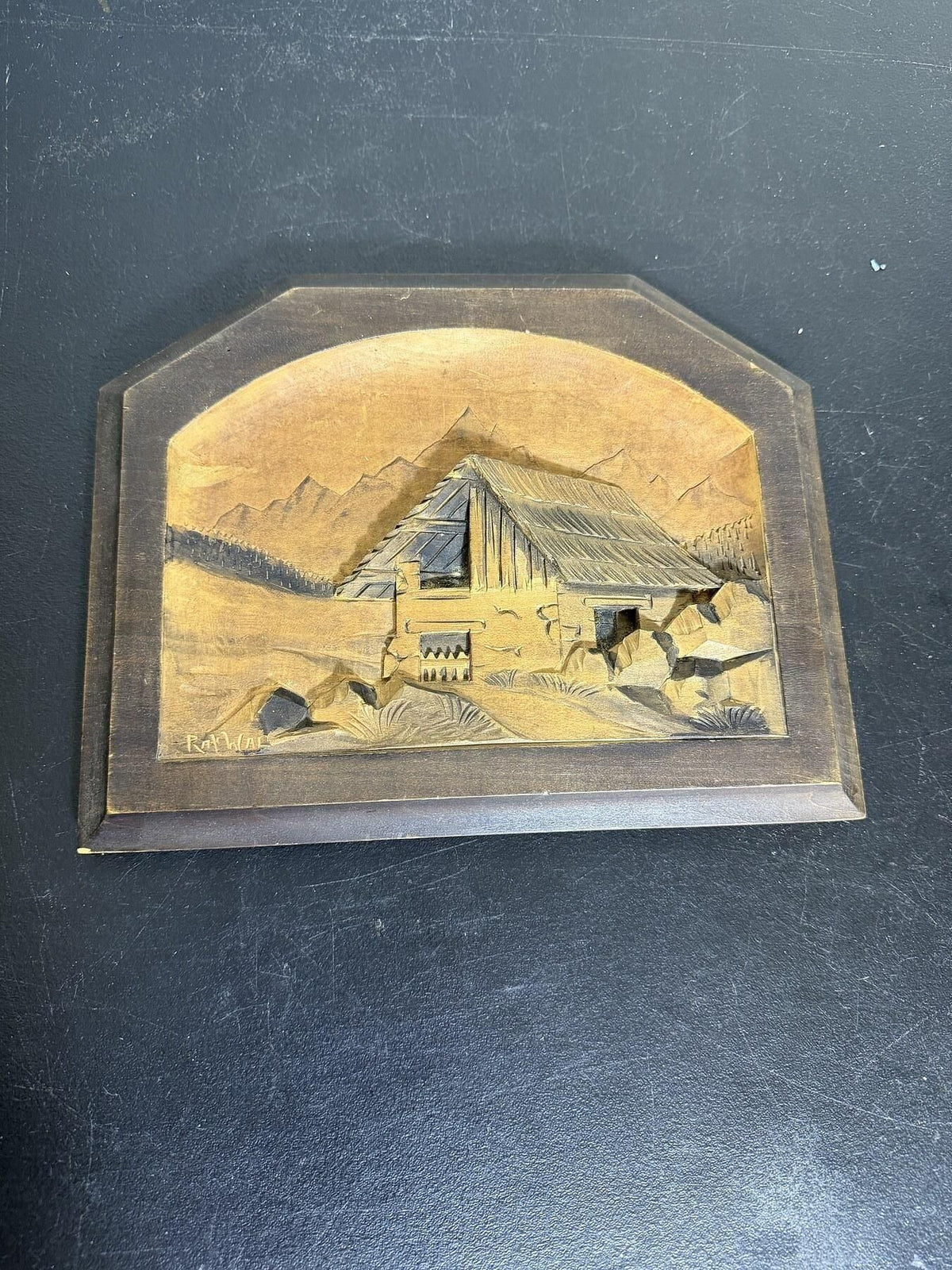 Carved Wood Chalet Mountain Wall Plaque Signed RAWAL / Grenoble - Wormhole Thrift