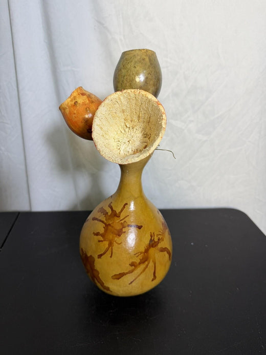 Carved Gourd Vase Folk Art Sculpture - Natural Decor - Wormhole Thrift