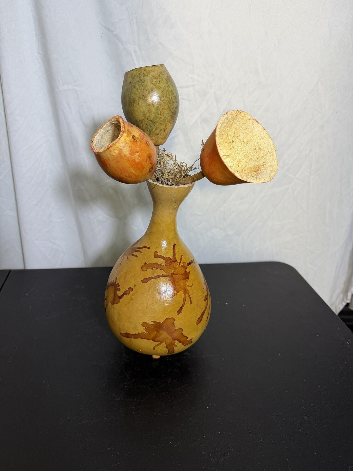 Carved Gourd Vase Folk Art Sculpture - Natural Decor - Wormhole Thrift