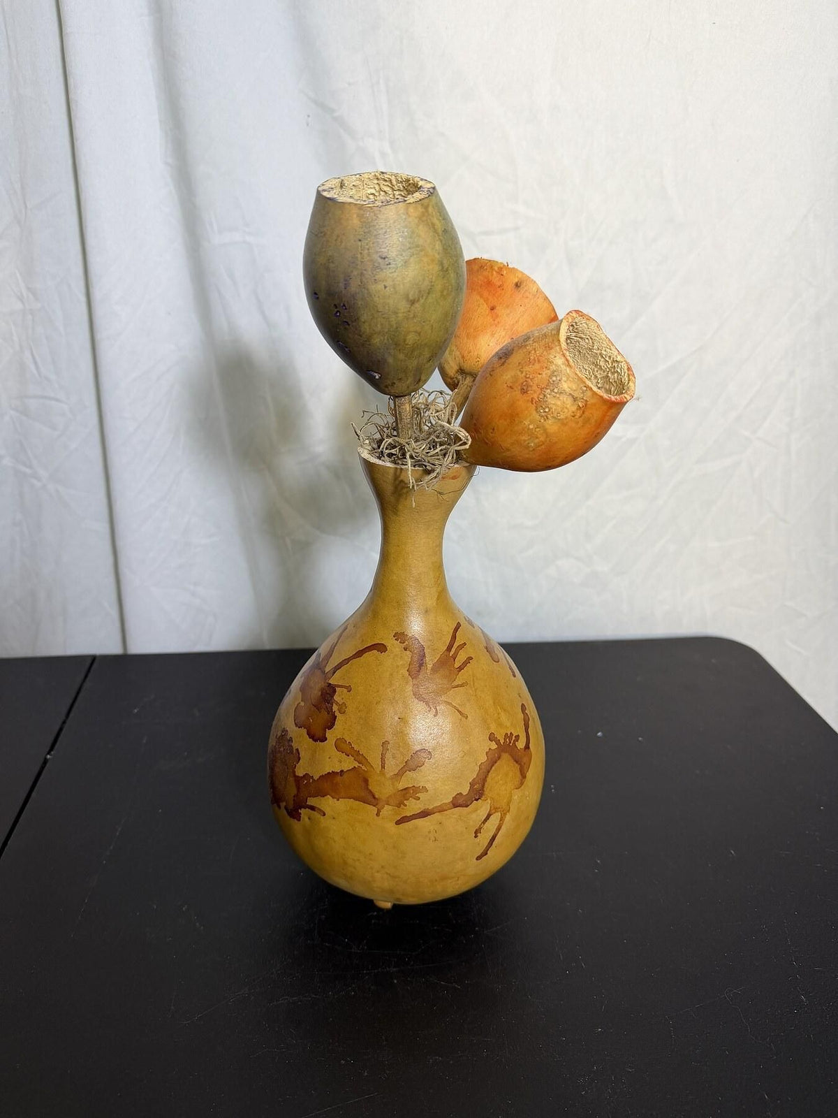 Carved Gourd Vase Folk Art Sculpture - Natural Decor - Wormhole Thrift