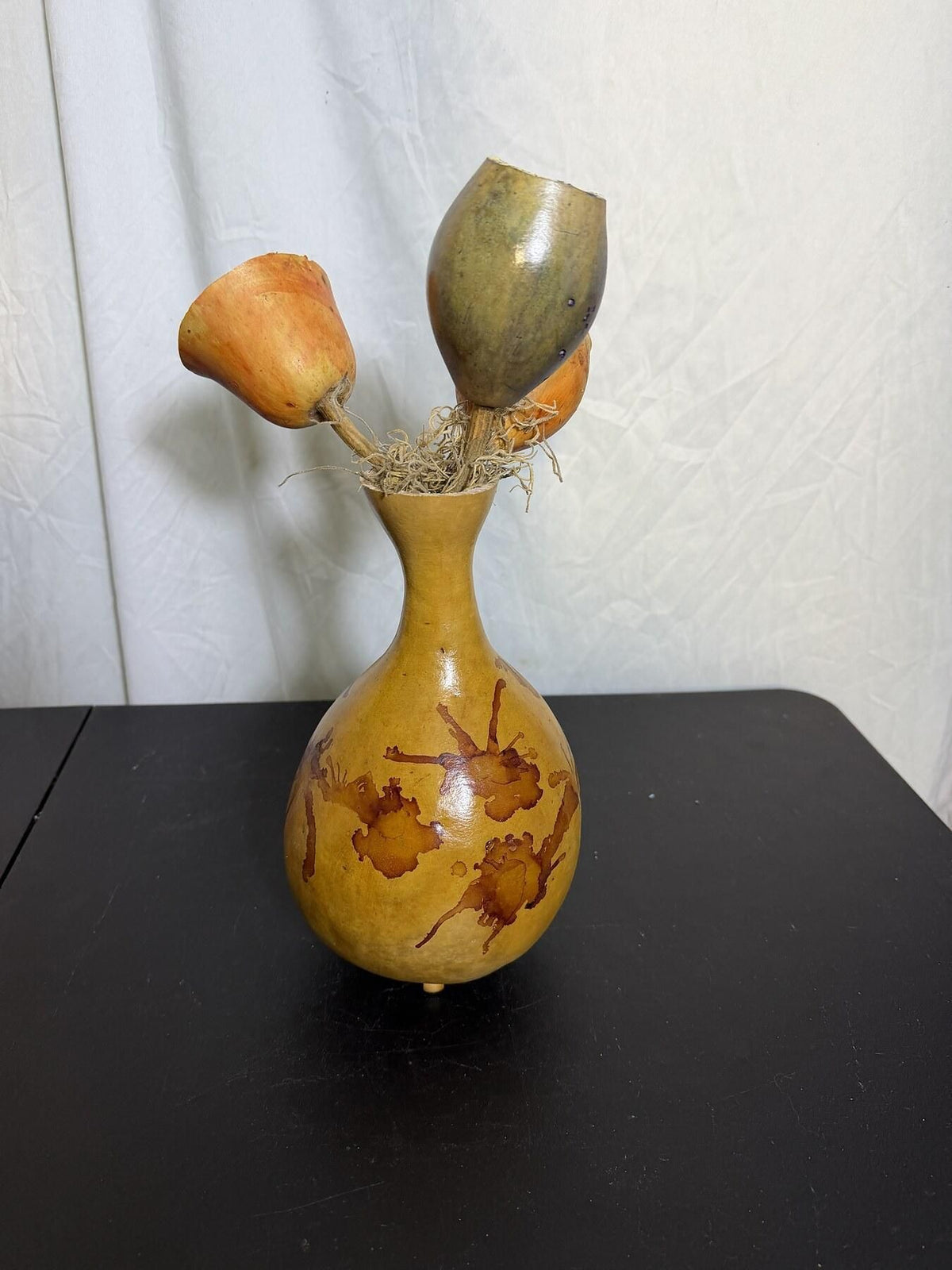 Carved Gourd Vase Folk Art Sculpture - Natural Decor - Wormhole Thrift