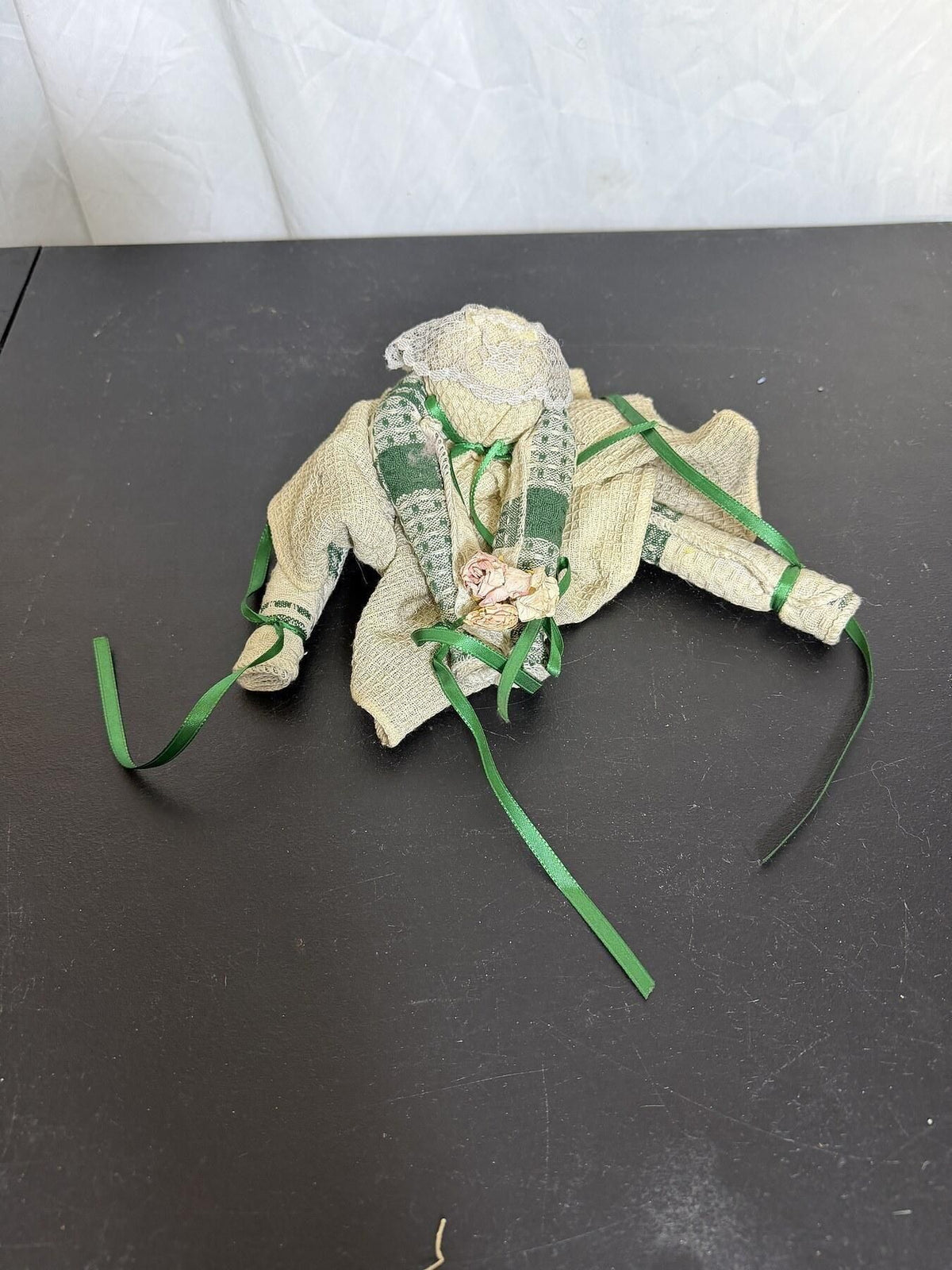 Handmade Textile Doll Figurine Folk Art Decor Green Ribbon & Flowers - Wormhole Thrift