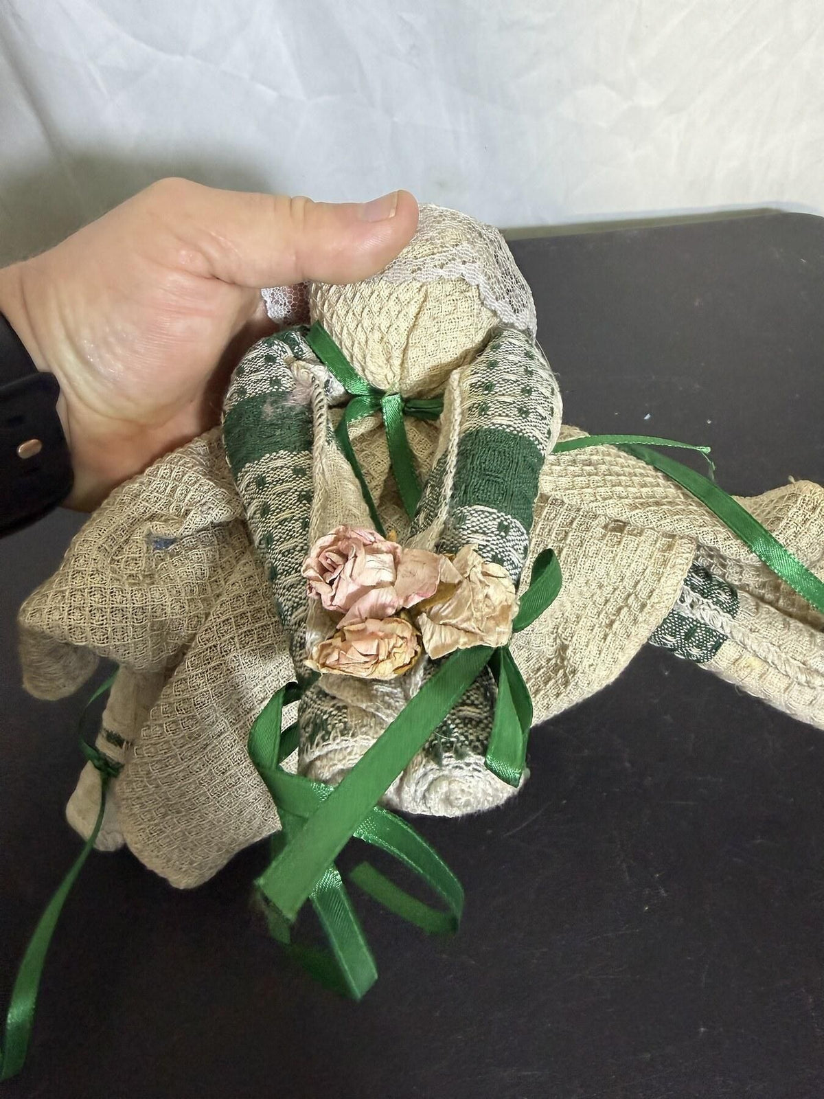 Handmade Textile Doll Figurine Folk Art Decor Green Ribbon & Flowers - Wormhole Thrift