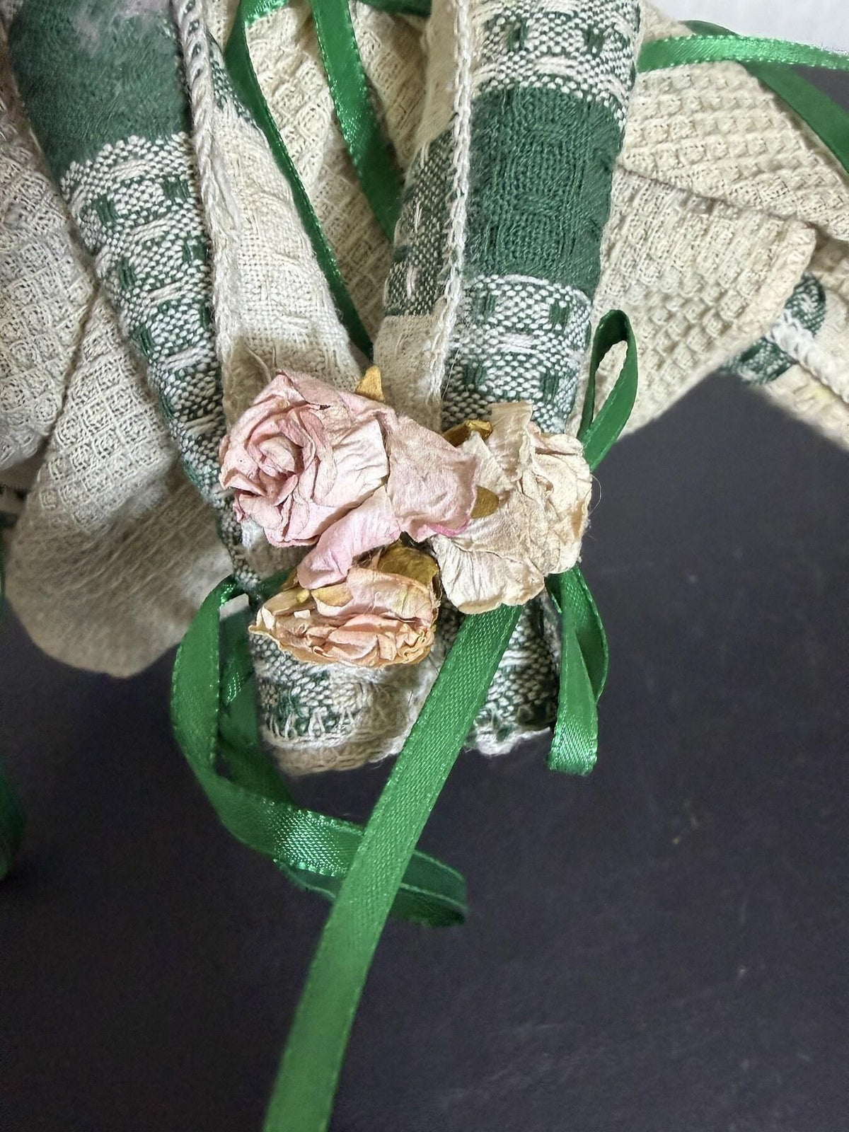 Handmade Textile Doll Figurine Folk Art Decor Green Ribbon & Flowers - Wormhole Thrift