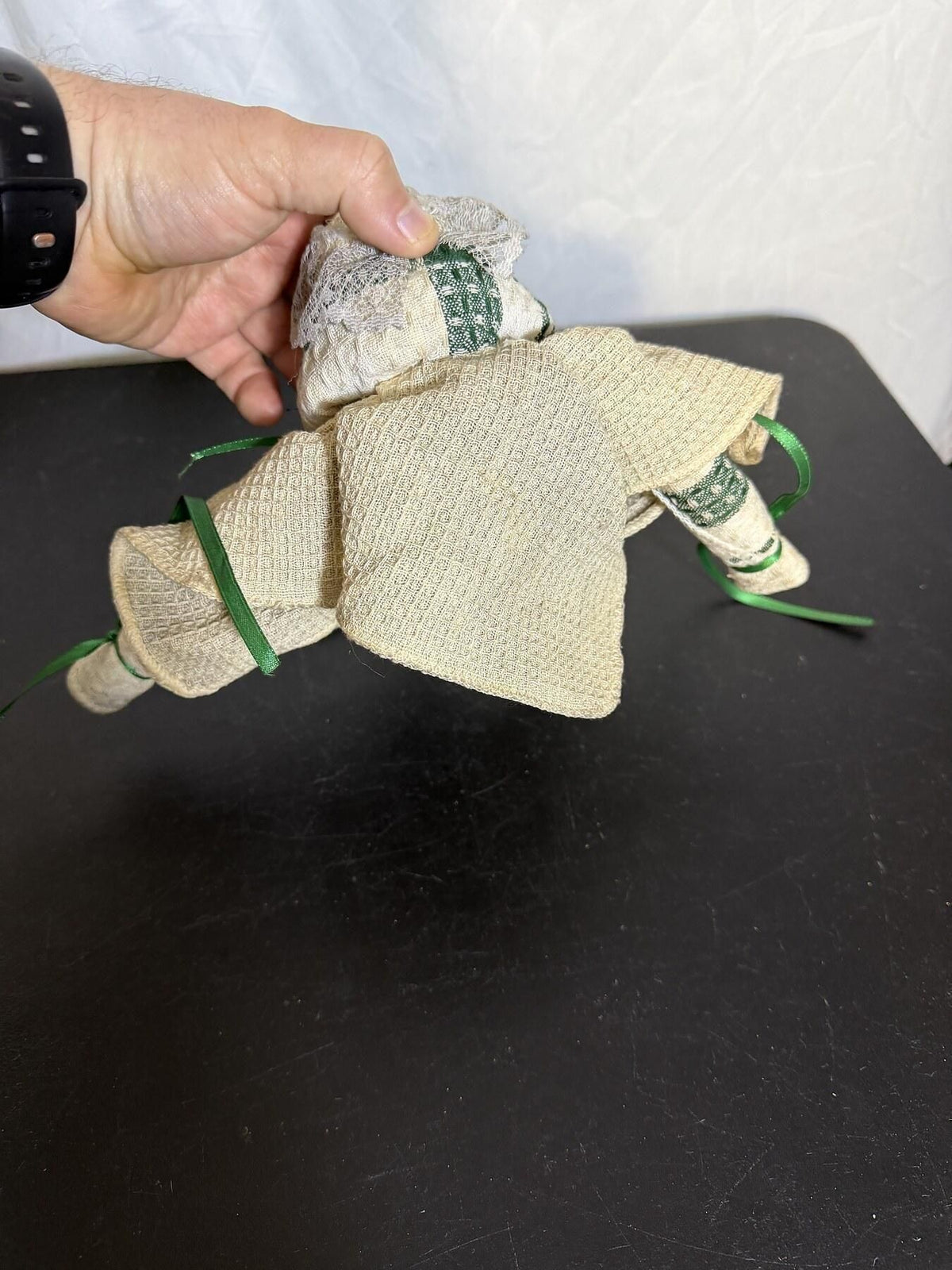 Handmade Textile Doll Figurine Folk Art Decor Green Ribbon & Flowers - Wormhole Thrift