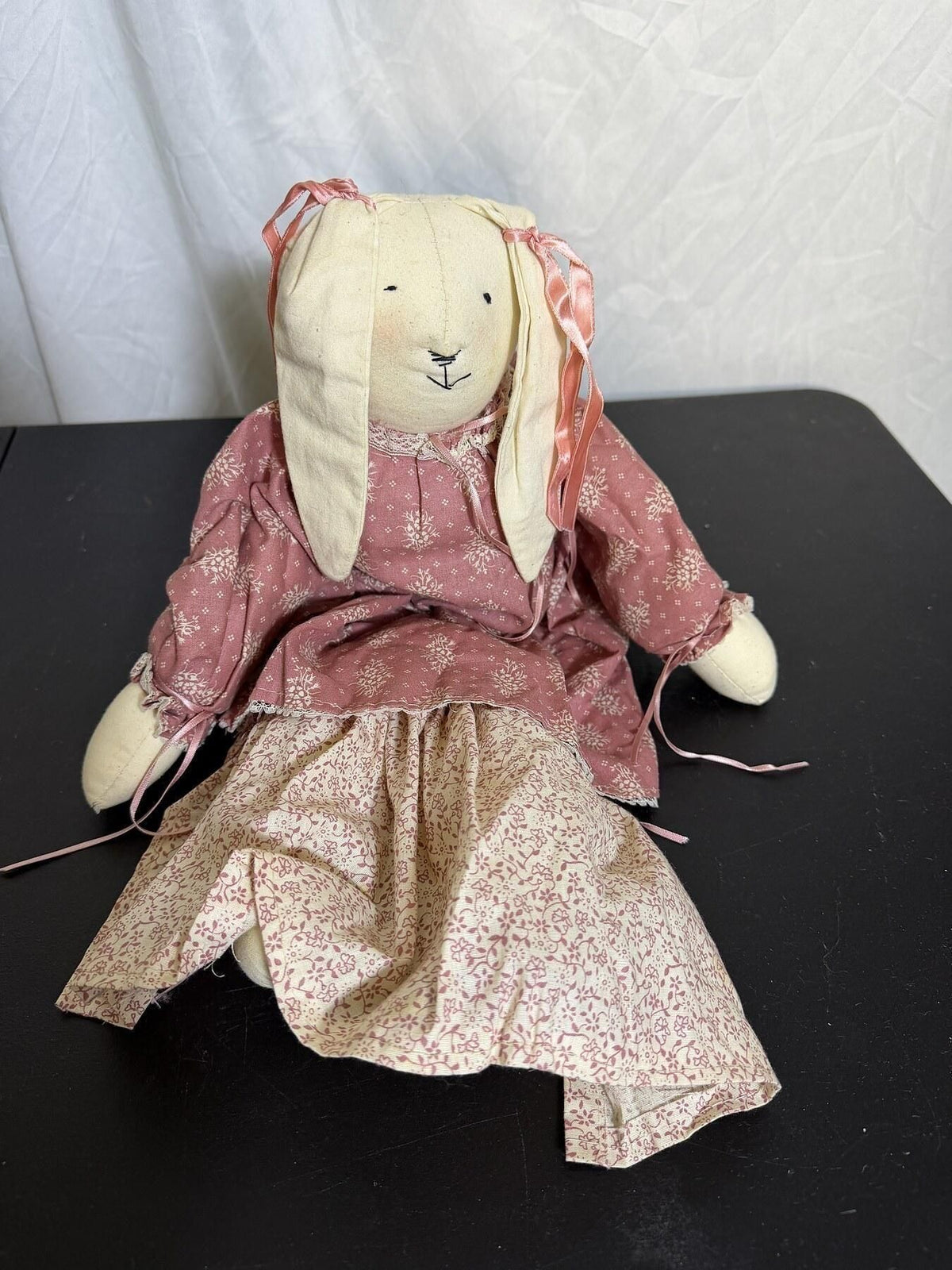 Handmade Cloth Rabbit Doll Pink Floral Dress - Wormhole Thrift