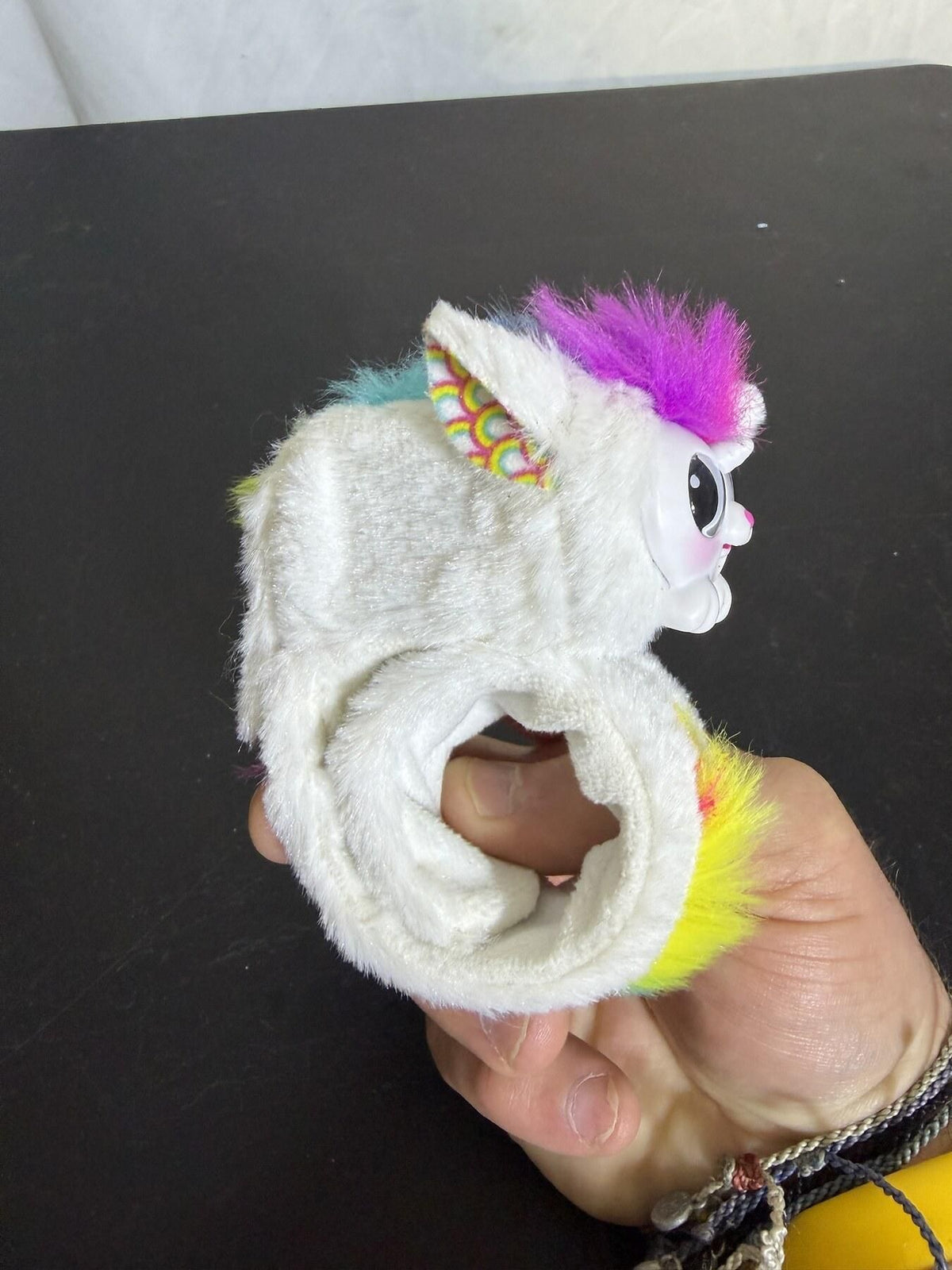 Small White Big-Eyed Plush Toy with Rainbow Accents & Wearable Loop - Wormhole Thrift